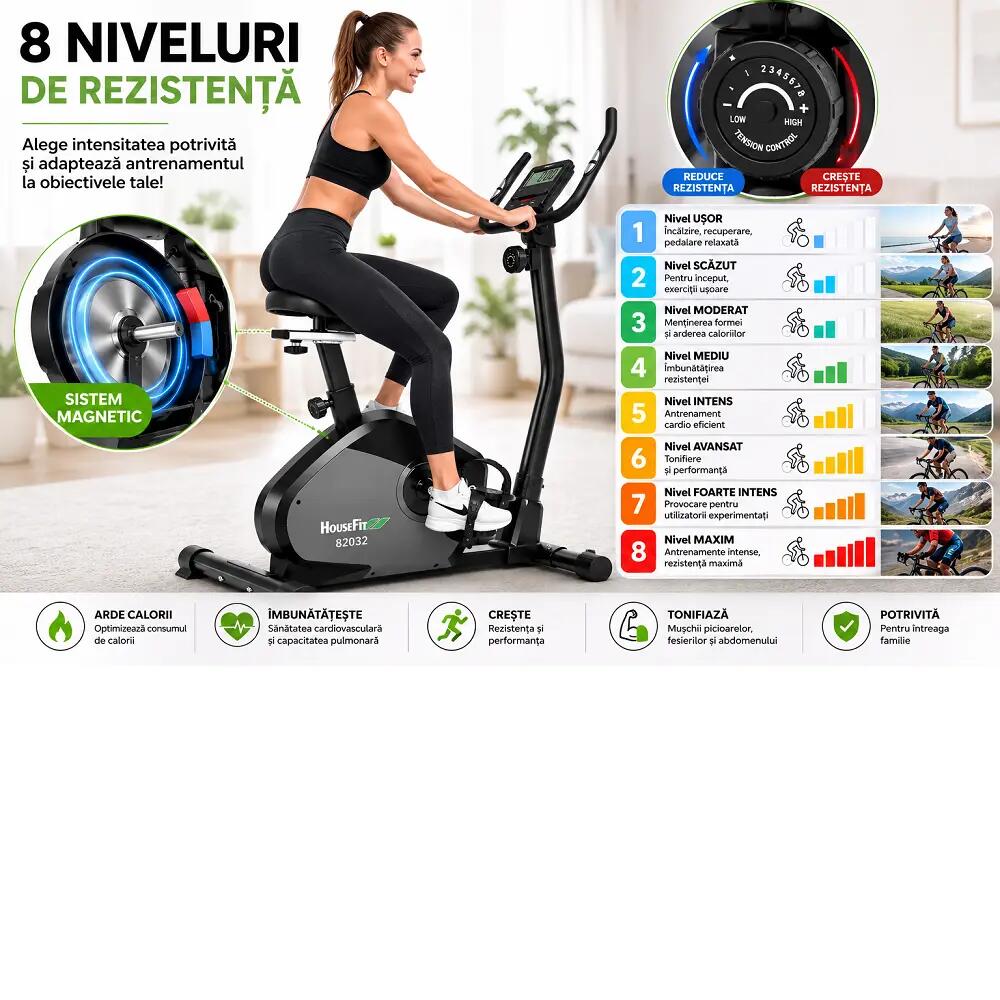 Bicicleta magnetica HB-82032HP, greutate max utilizator 140 kg, volanta 8 kg 5/9