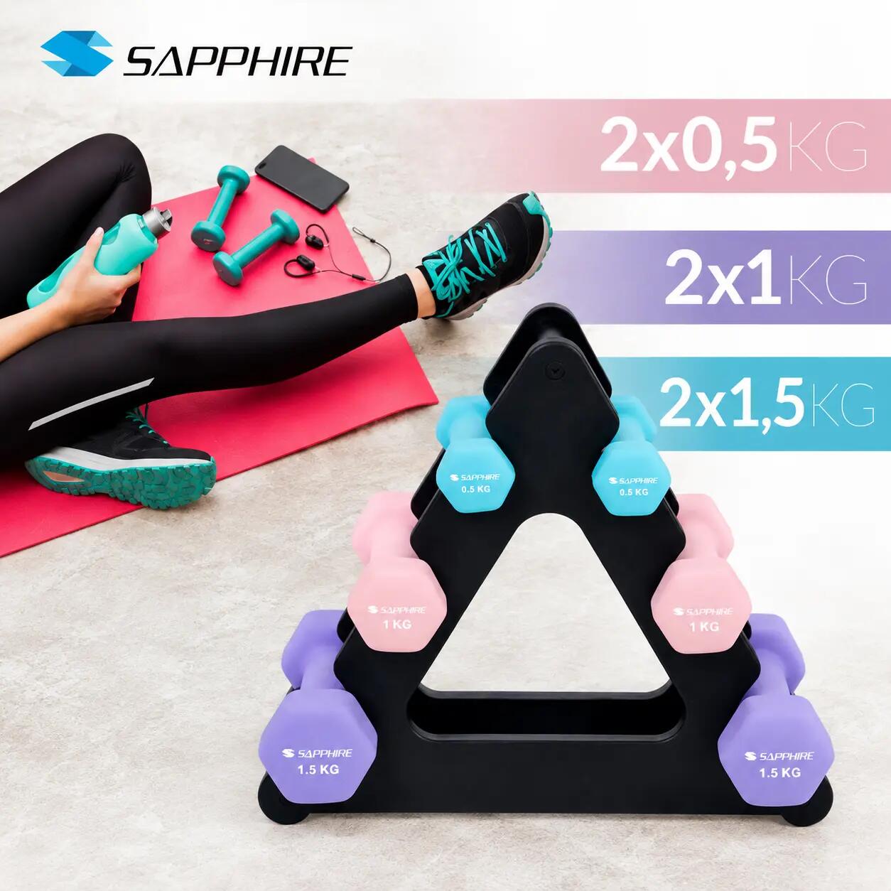 Zestaw hantelek neoprenowych Sapphire SG-210 12kg na stojaku 2x0,5, 2x1, 2x1,5kg 3/8