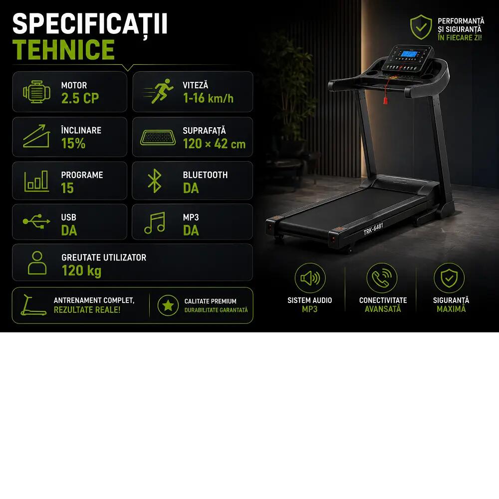 Banda de alergat 6481 ,  viteza  1-16 km/h, motor  2, 5 CP, inclinare motorizata 12/14
