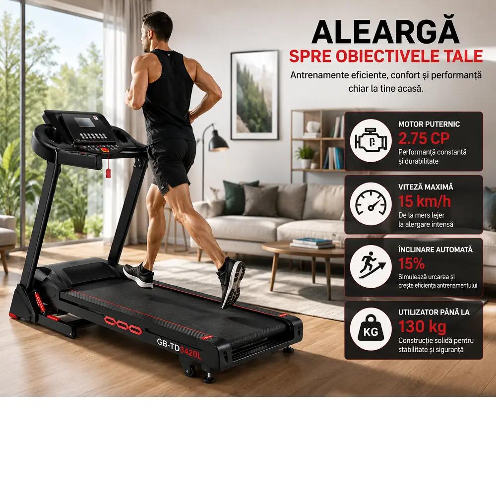 Banda de Alergare Electrica ECOFIT, Model GB-TD3420L, 15km/h, 15% automat 2/12