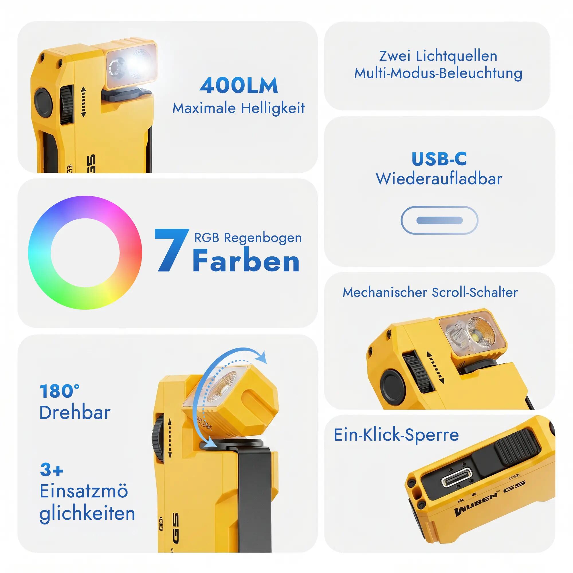 Wandern – Taschenlampe Gelb, RGB, USB-C, 400 lm – WUBEN G5 11/15