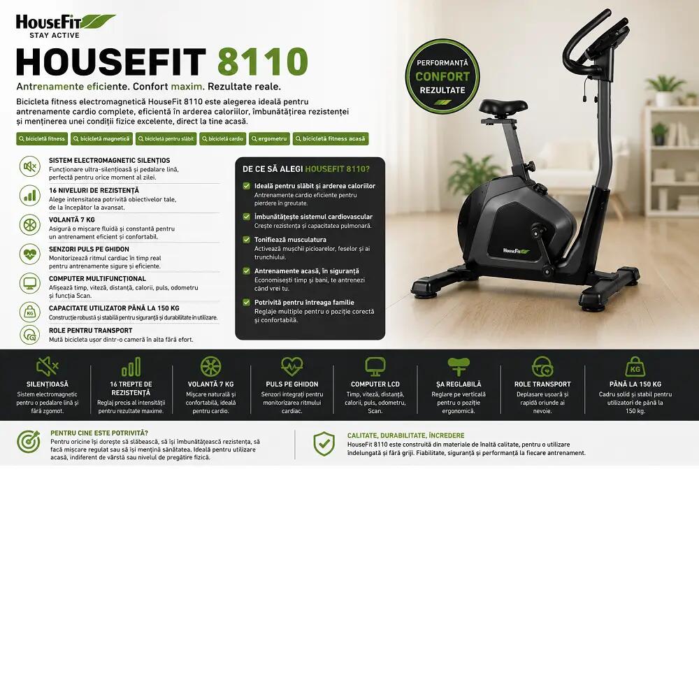 Bicicleta electromagnetica (ergometru) HB-8110-HPM, 16 nivele dificultare 9/13