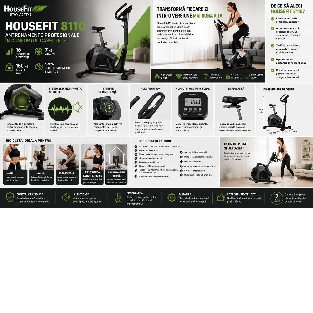 Bicicleta electromagnetica (ergometru) HB-8110-HPM, 16 nivele dificultare 8/13