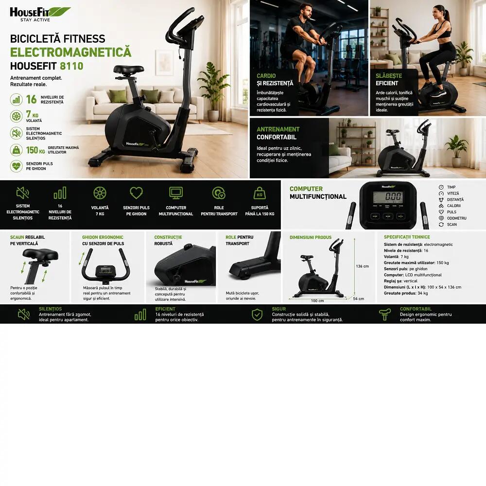 Bicicleta electromagnetica (ergometru) HB-8110-HPM, 16 nivele dificultare 7/13