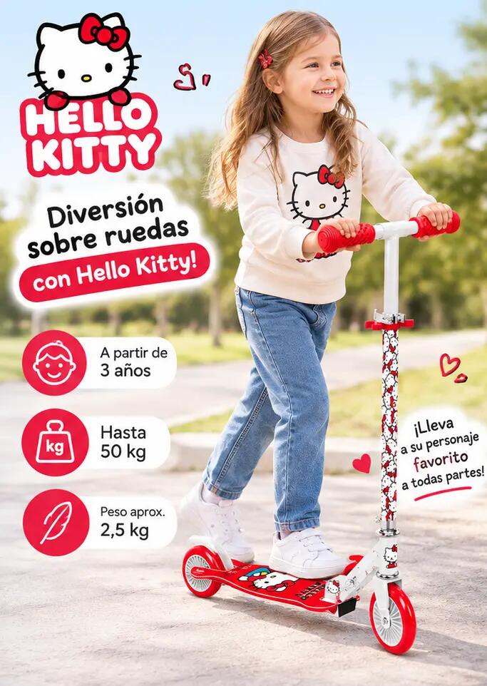 Patinete de 2 ruedas Hello Kitty, manillar regulable en 3 posiciones 1/2