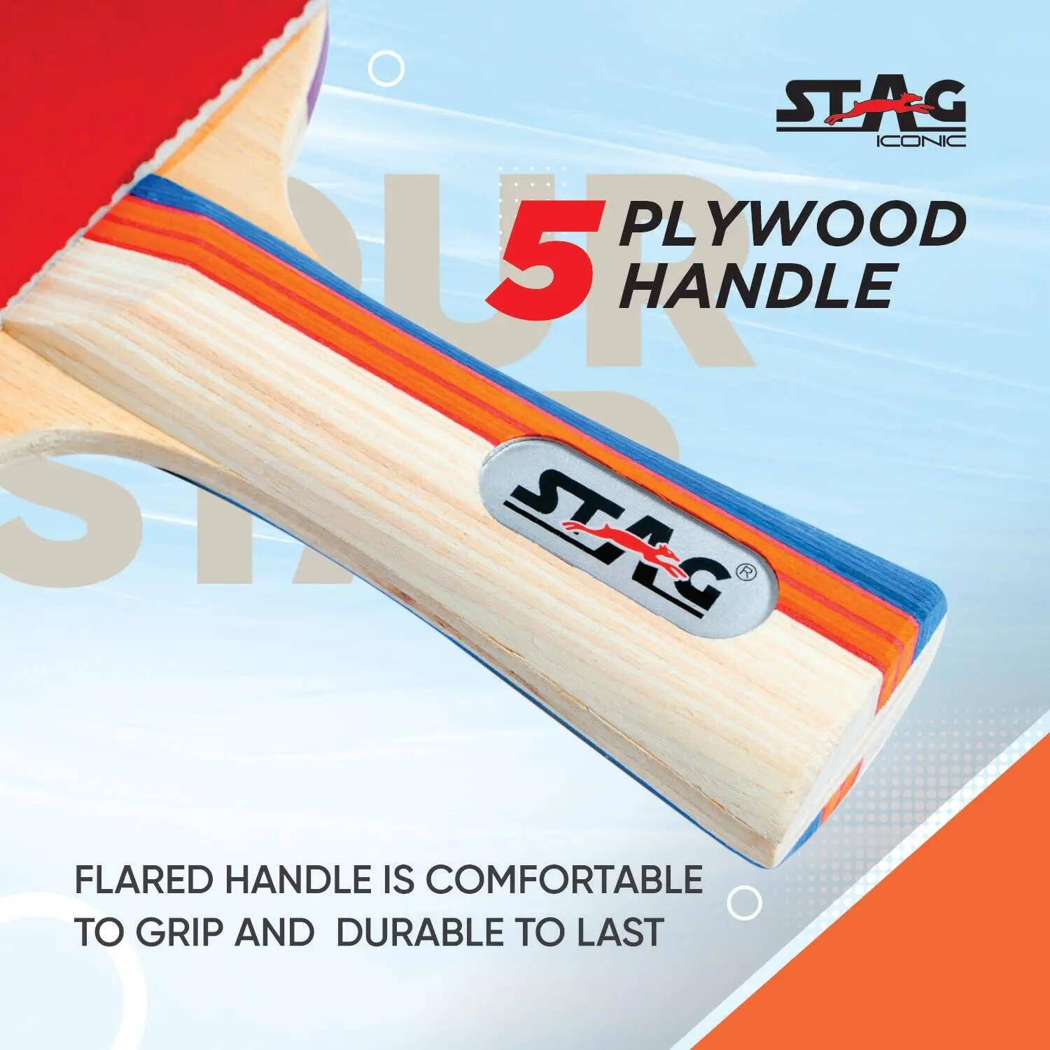 STAG ICONIC 3 Star Table Tennis Racket | Ergonomic Wooden Handle | Shakehand Grip | Beginner | Red/Black -  5