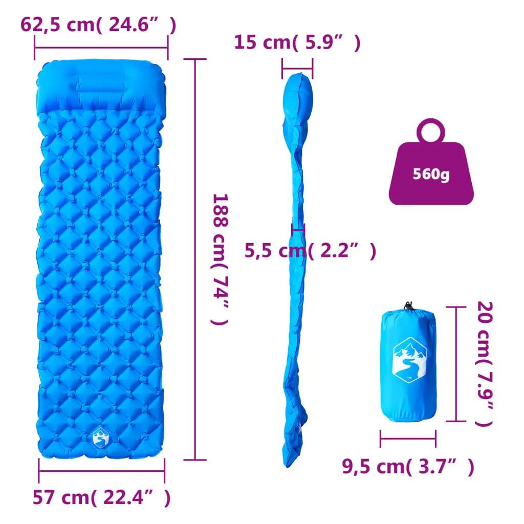 Matelas de Camping Gonflable VidaXL avec Oreiller - 1 Personne - Bleu 6/7