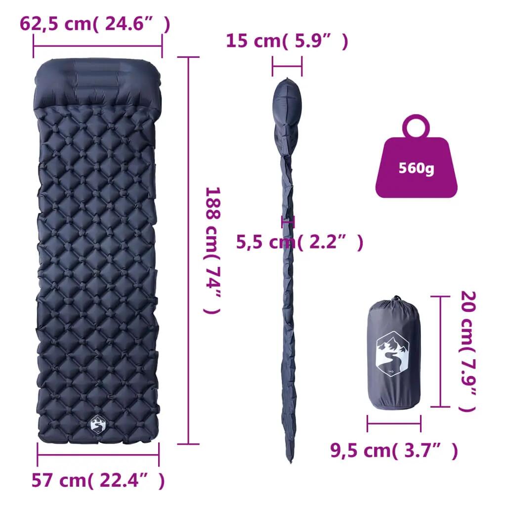 Matelas de Camping Gonflable VidaXL avec Coussin - Gris Individuel 6/7
