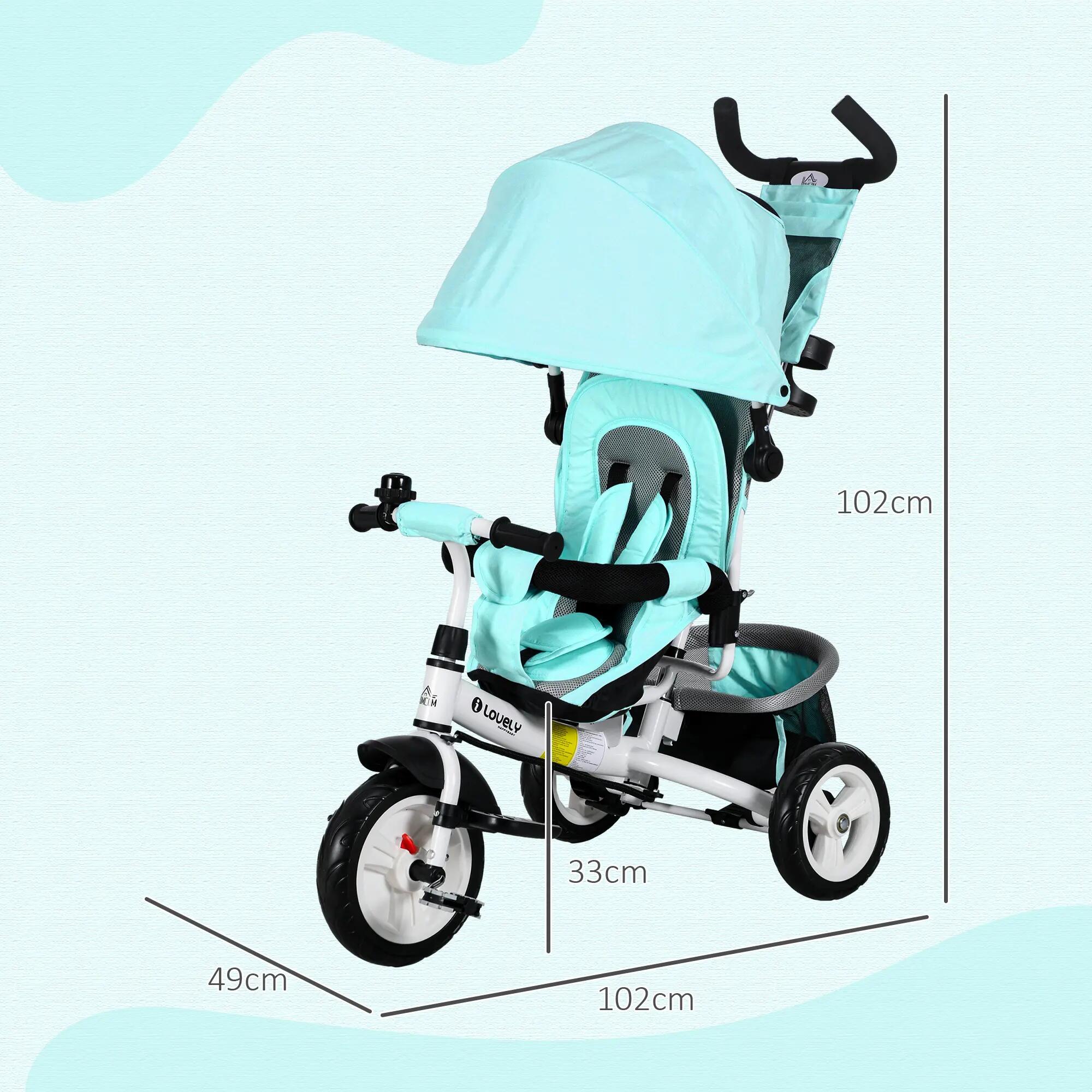 Triciclo para bebés 102x49x102 cm verde água HOMCOM 3/5