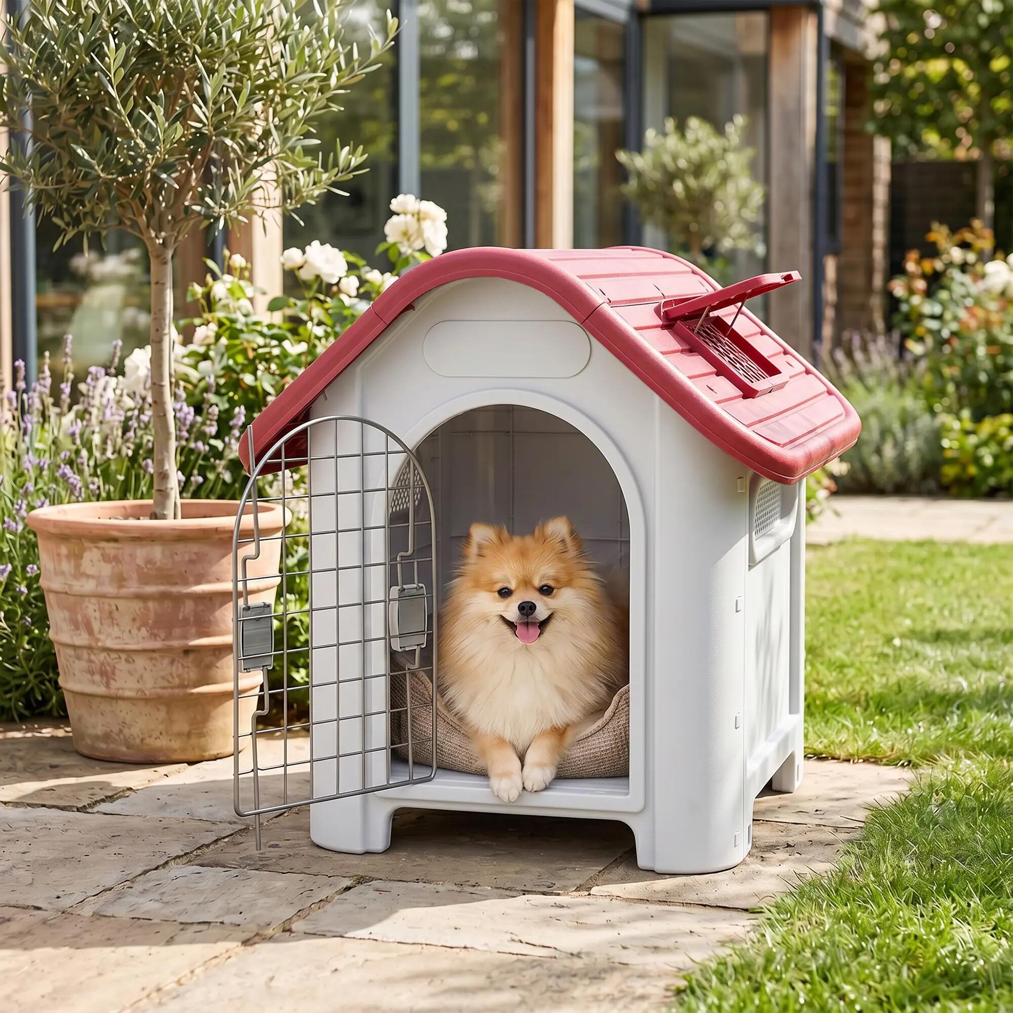 Casota para Cães PawHut 59x75x66cm Cinza e Vermelho 2/7