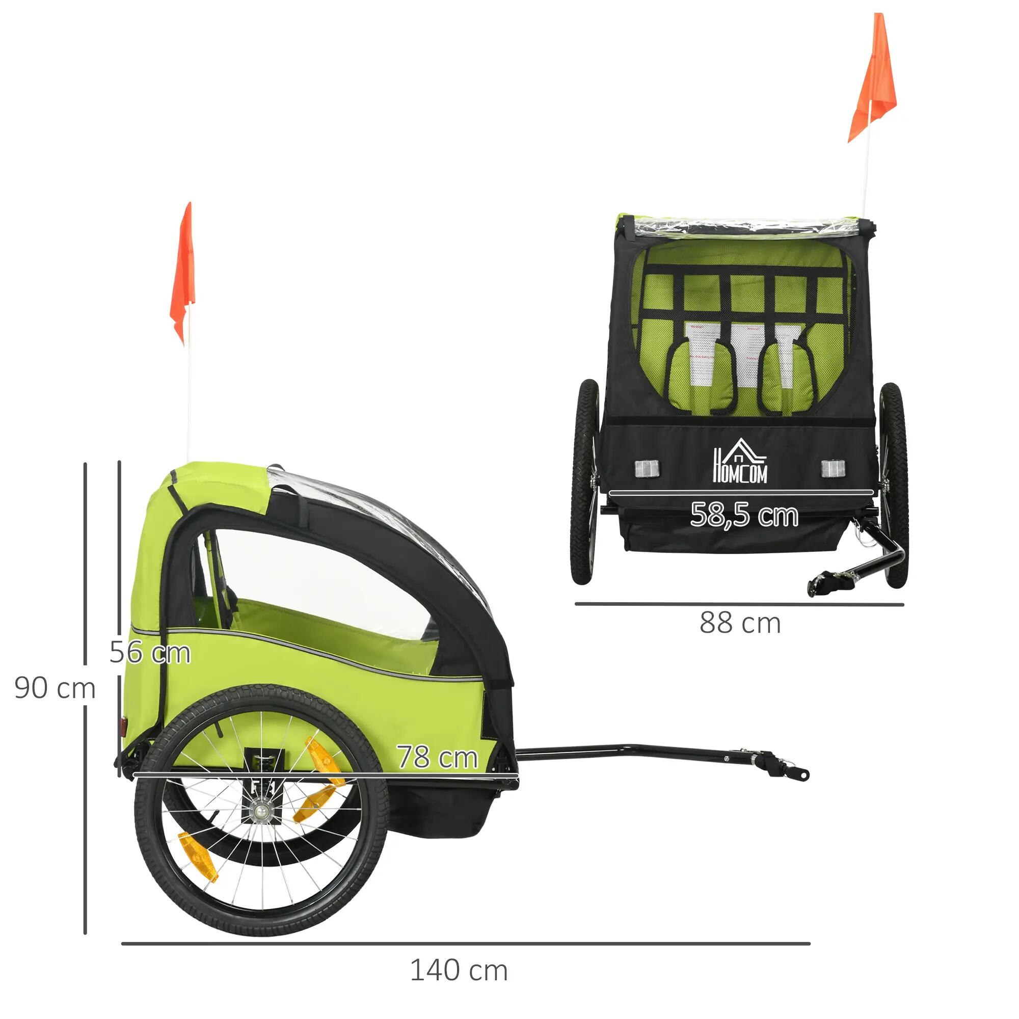 Reboque Bicicleta Crianças HOMCOM 140x88x90 cm Verde 3/6