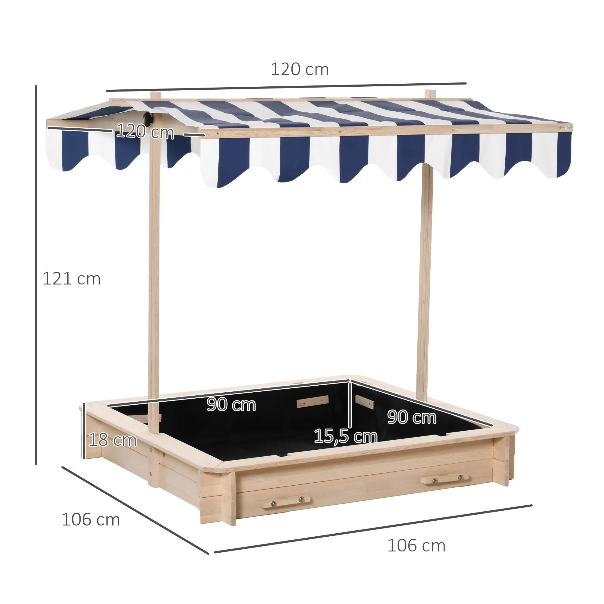 Caixa de Areia Infantil Outsunny 106x106x121 cm Madeira Natural, Azul e Branco 3/7