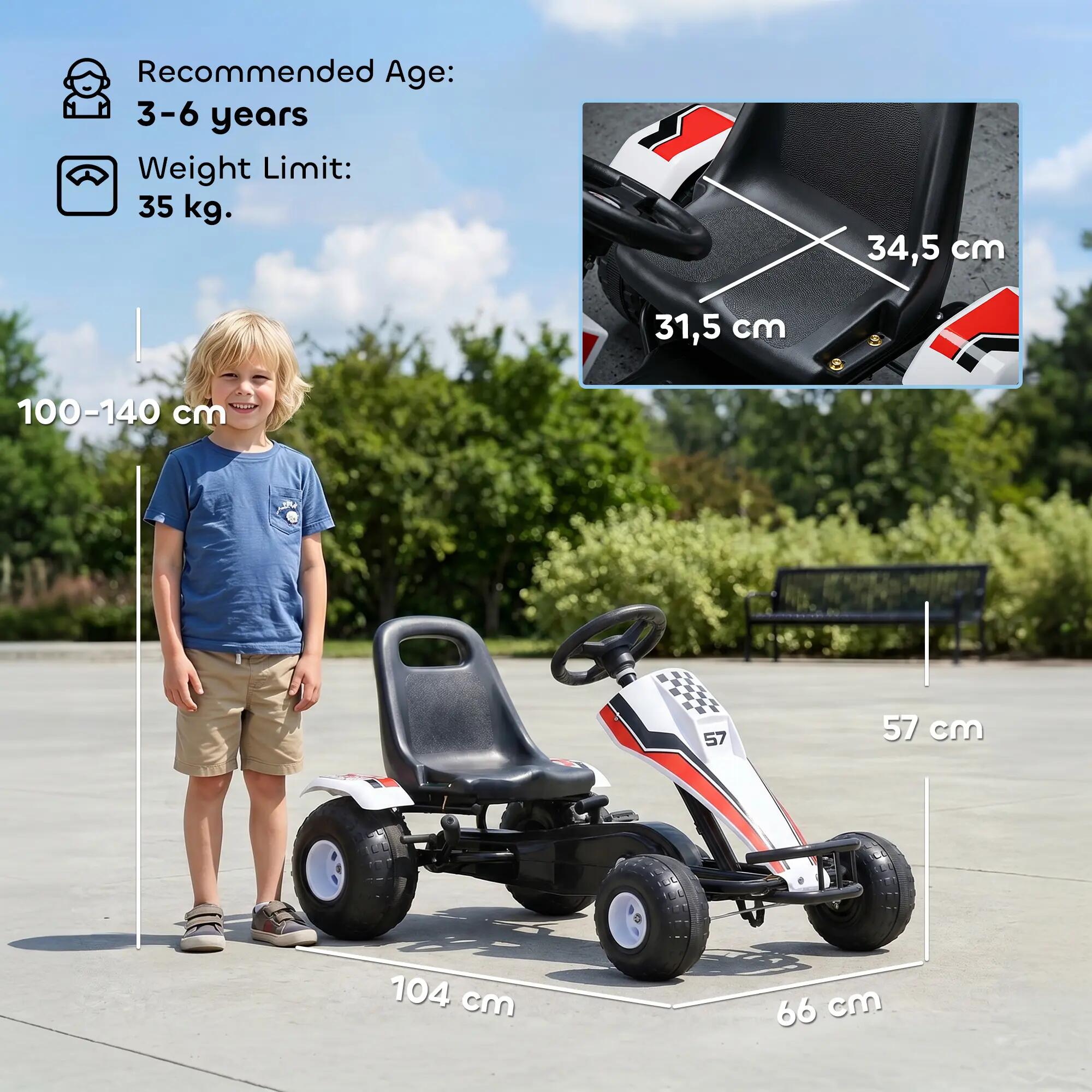 Go Kart a Pedais Infantil HOMCOM 104x66x57cm Branco, Vermelho  e Preto 3/7