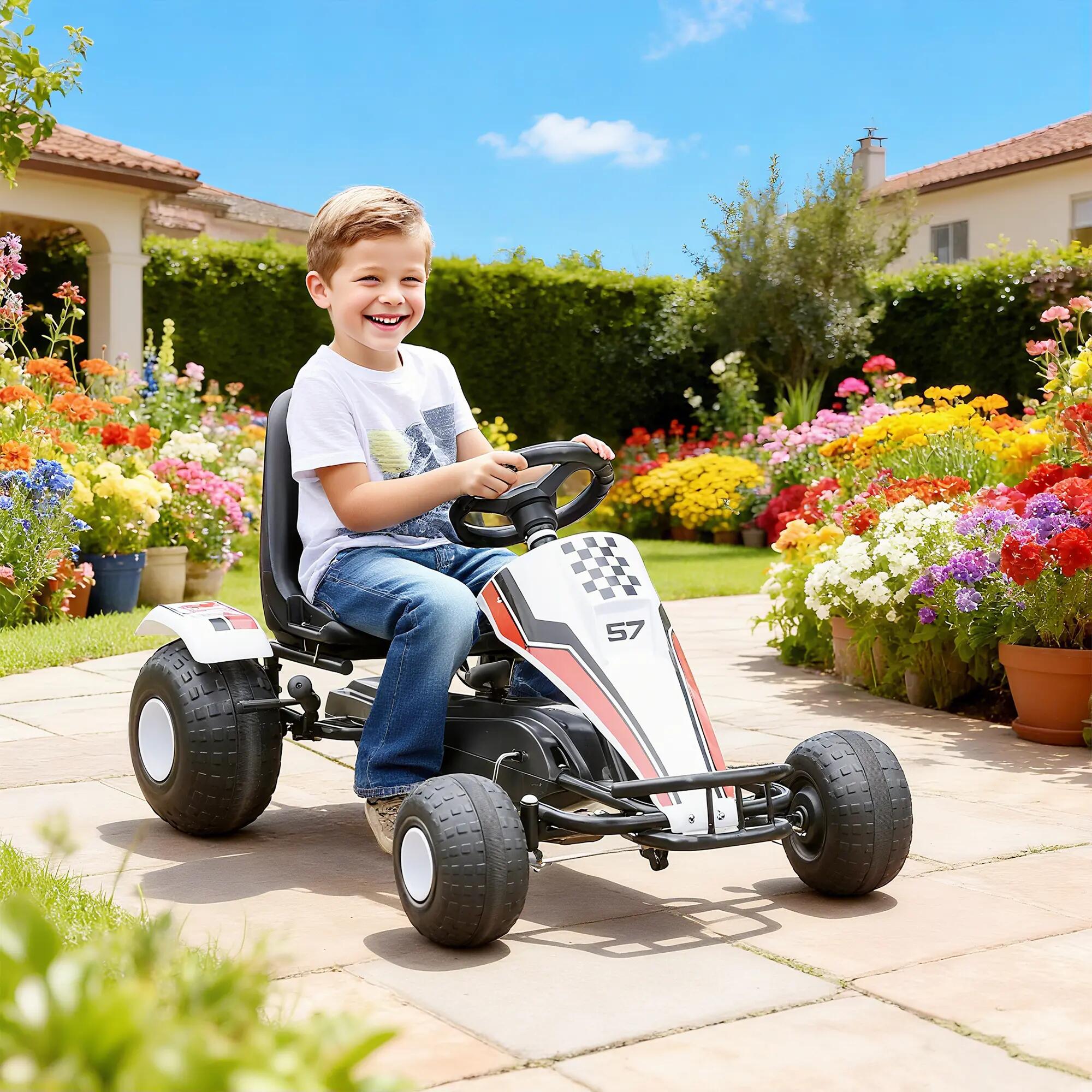 Go Kart a Pedais Infantil HOMCOM 104x66x57cm Branco, Vermelho  e Preto 2/7
