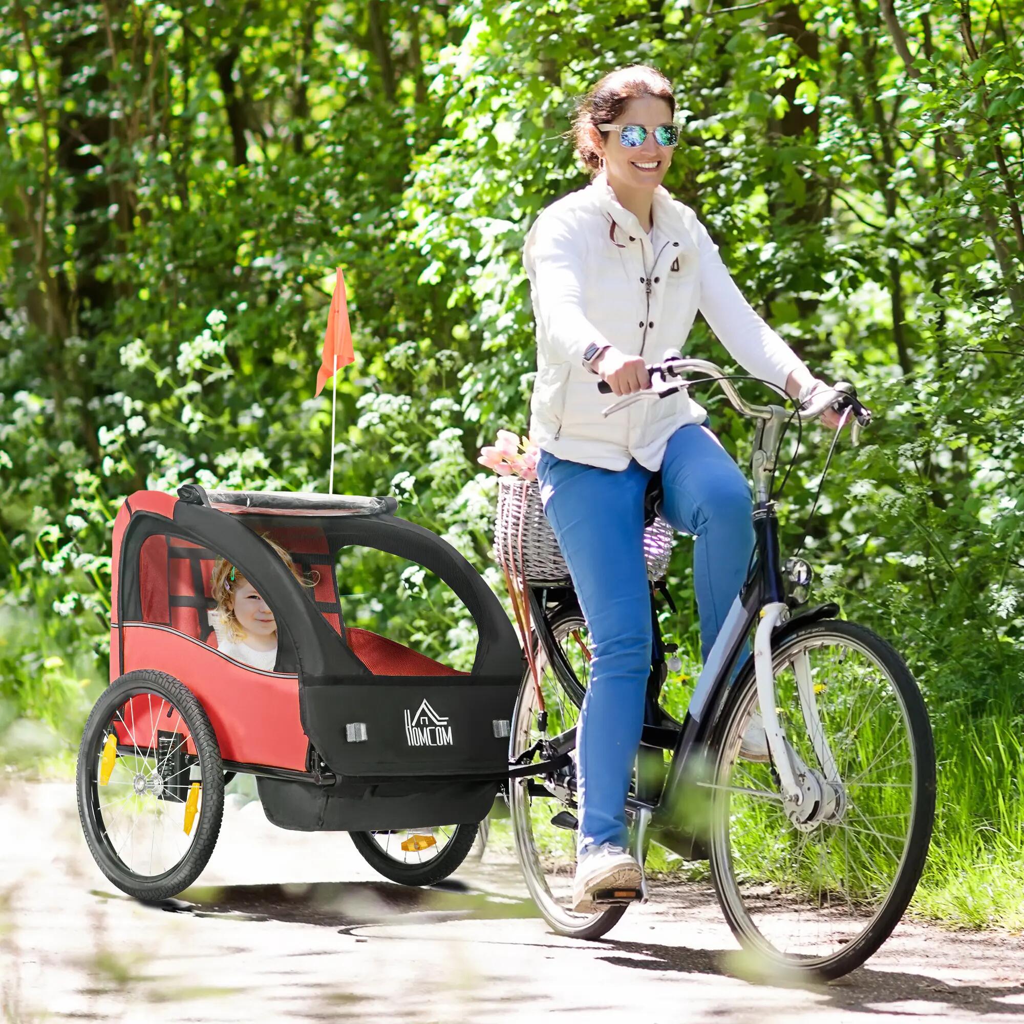 Reboque Bicicleta Crianças HOMCOM 140x88x90 cm Vermelho 2/7