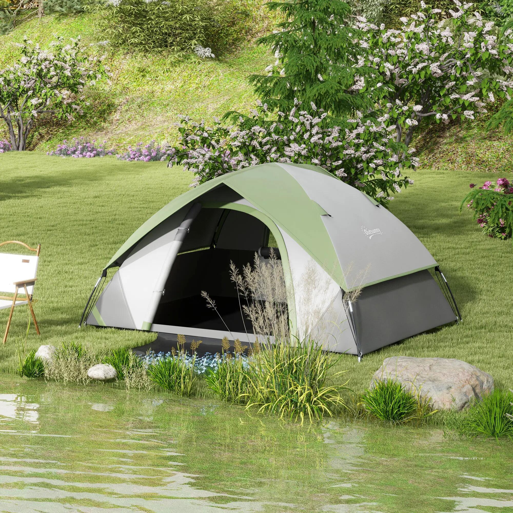 Tenda de campismo 210x150x110 cm  cinza e verde Outsunny 2/7