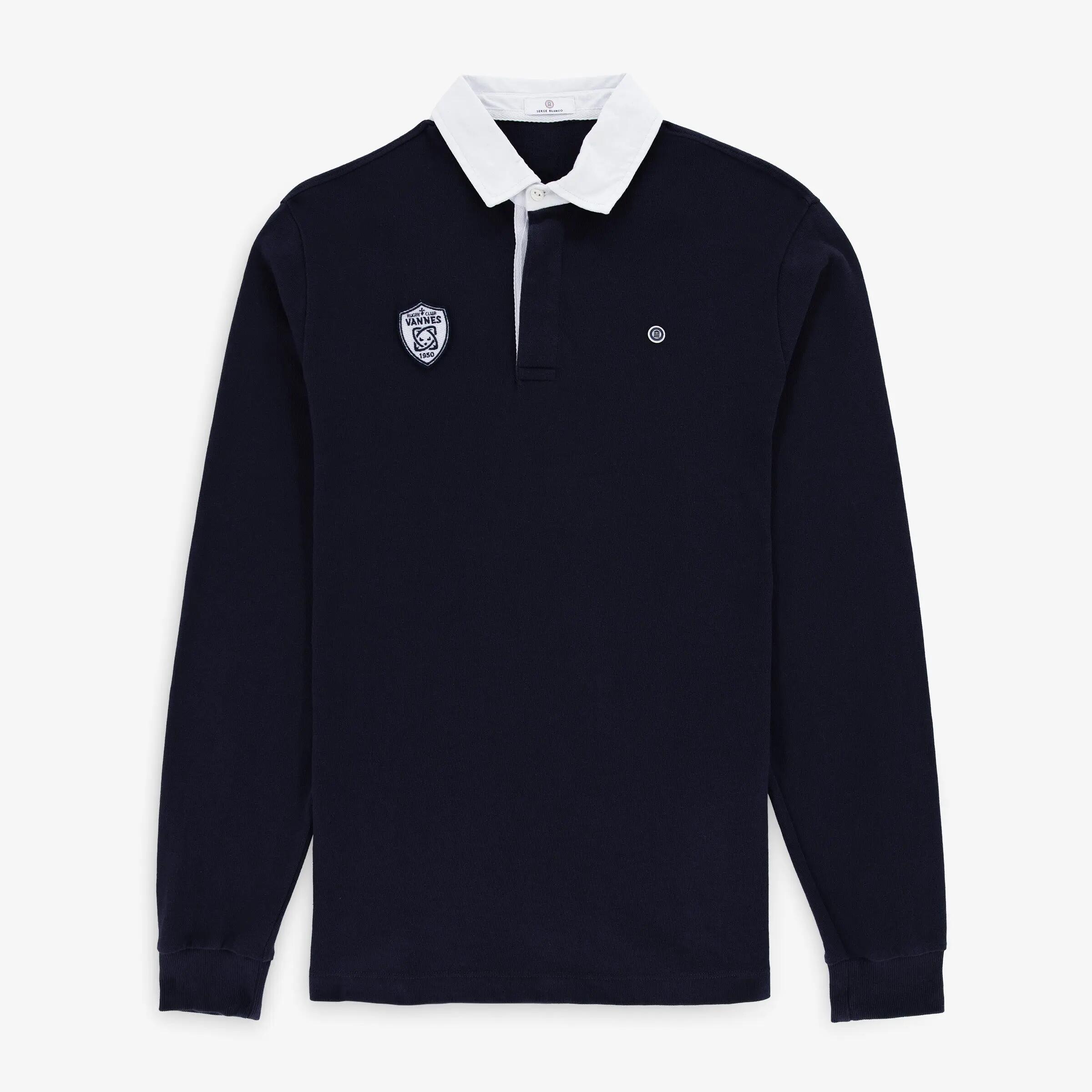 Polo rugby homme manches longues RC Vannes 100% coton bleu marine foncé 1/4