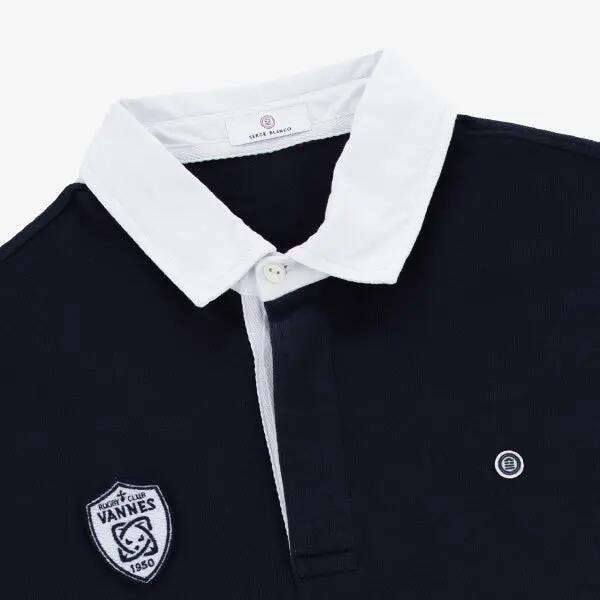Polo rugby homme manches longues RC Vannes 100% coton bleu marine foncé 3/4