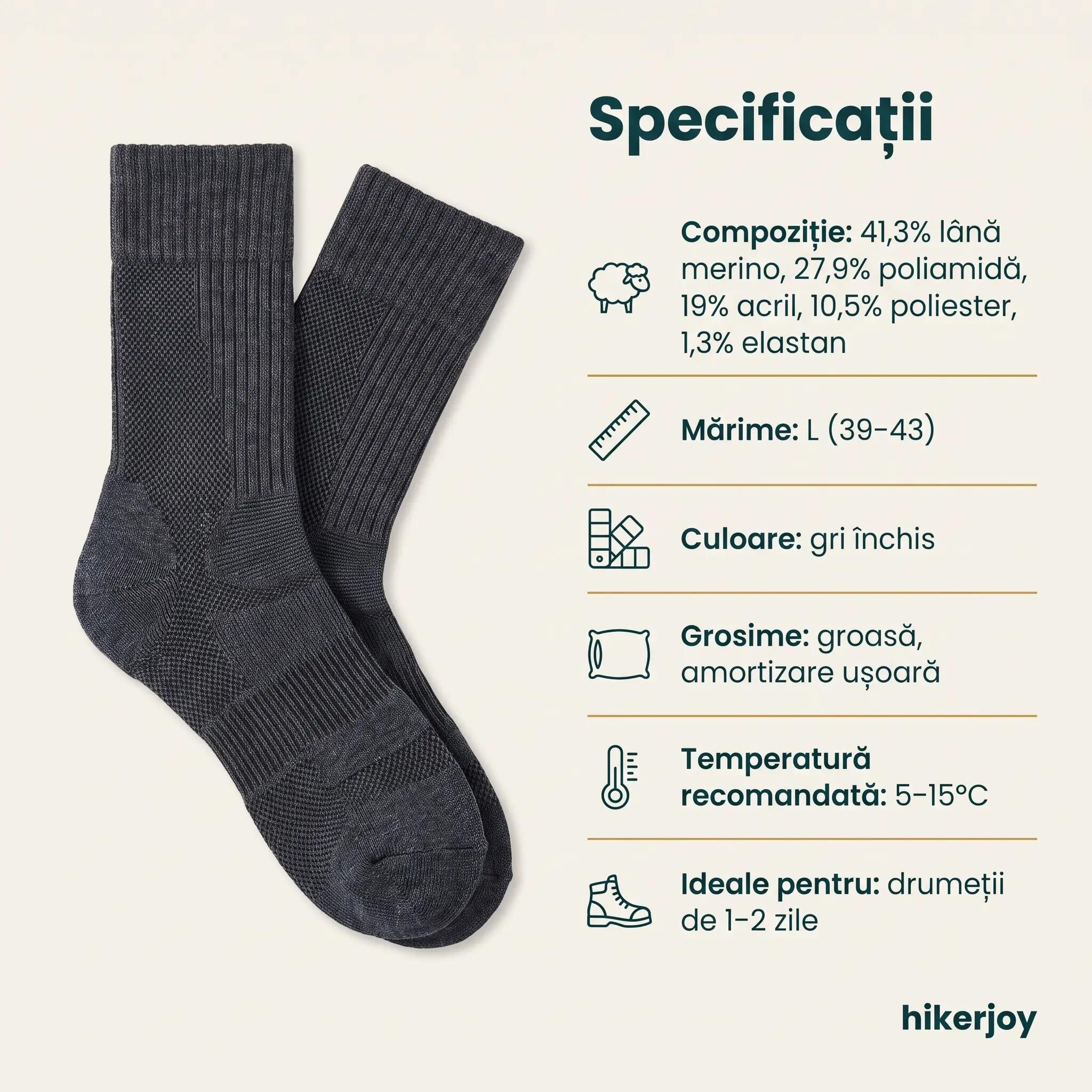 Sosete Hiking Lana Merino – Amortizare, Anti-Miros, Gri Inchis, L (39-43) 4/8