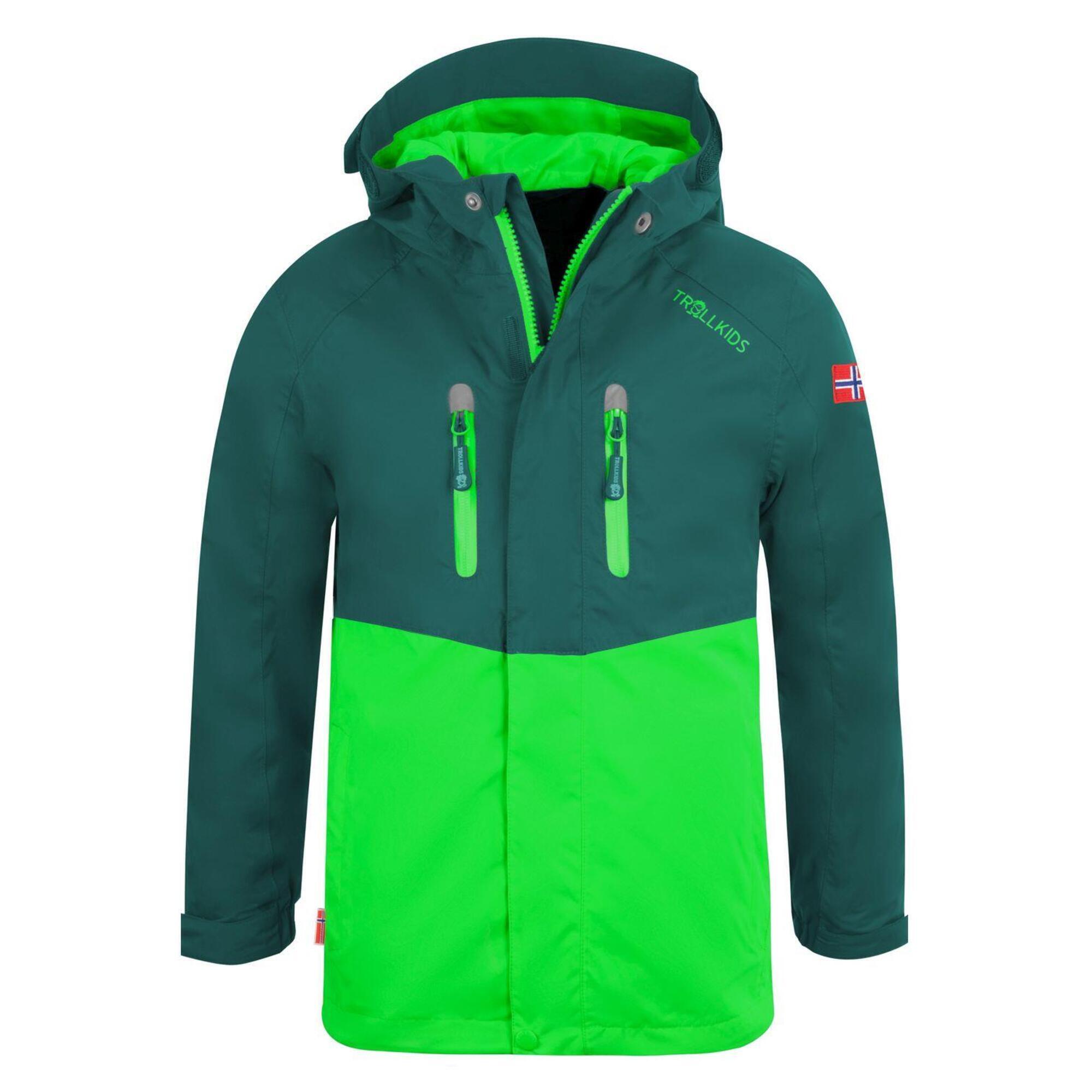 TROLLKIDS Kinder Regenjacke Nusfjord Wasserdicht Dunkelgrün / Hellgrün