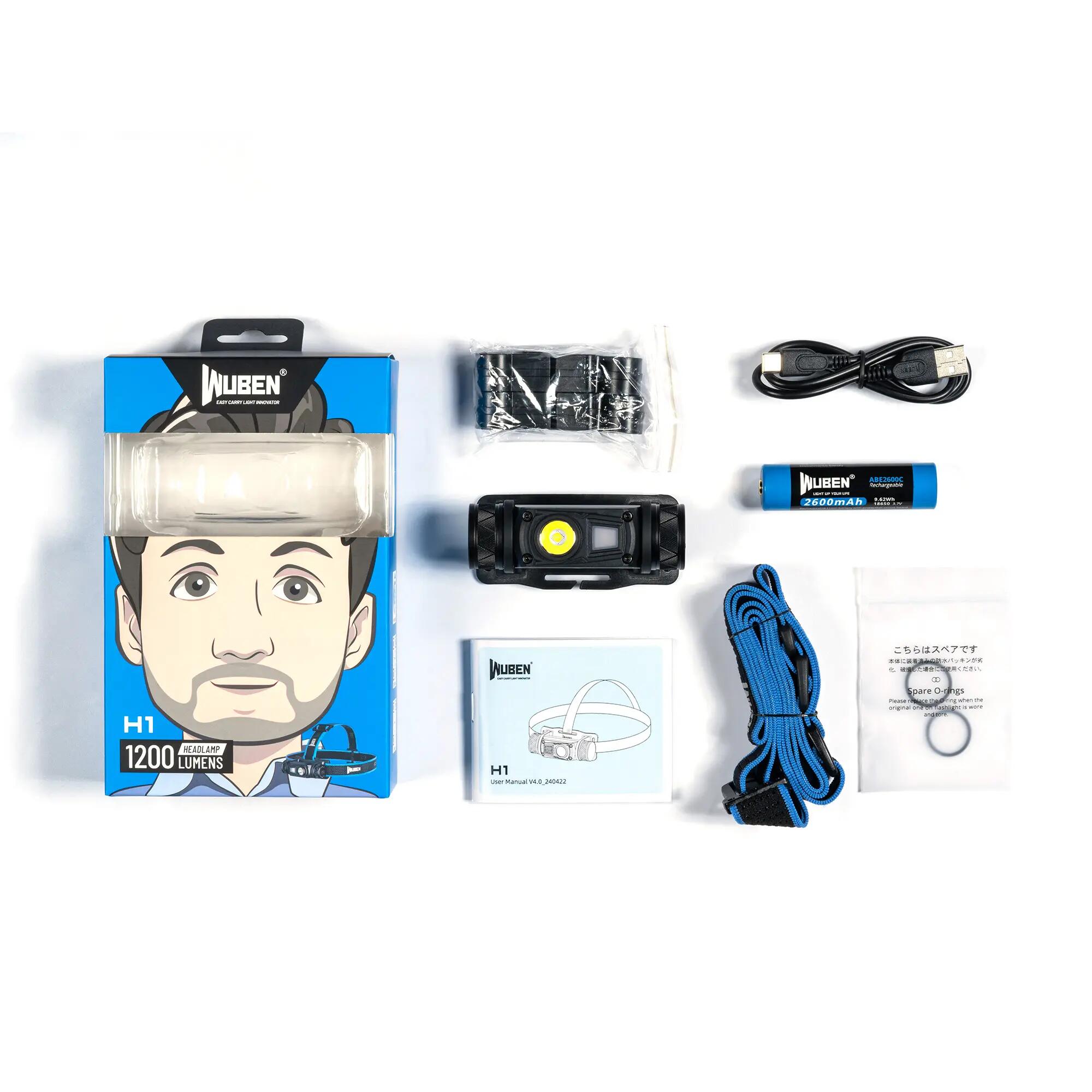 Wandelen – Oplaadbare hoofdlamp, 1200 lm, Zwart – WUBEN H1 15/15