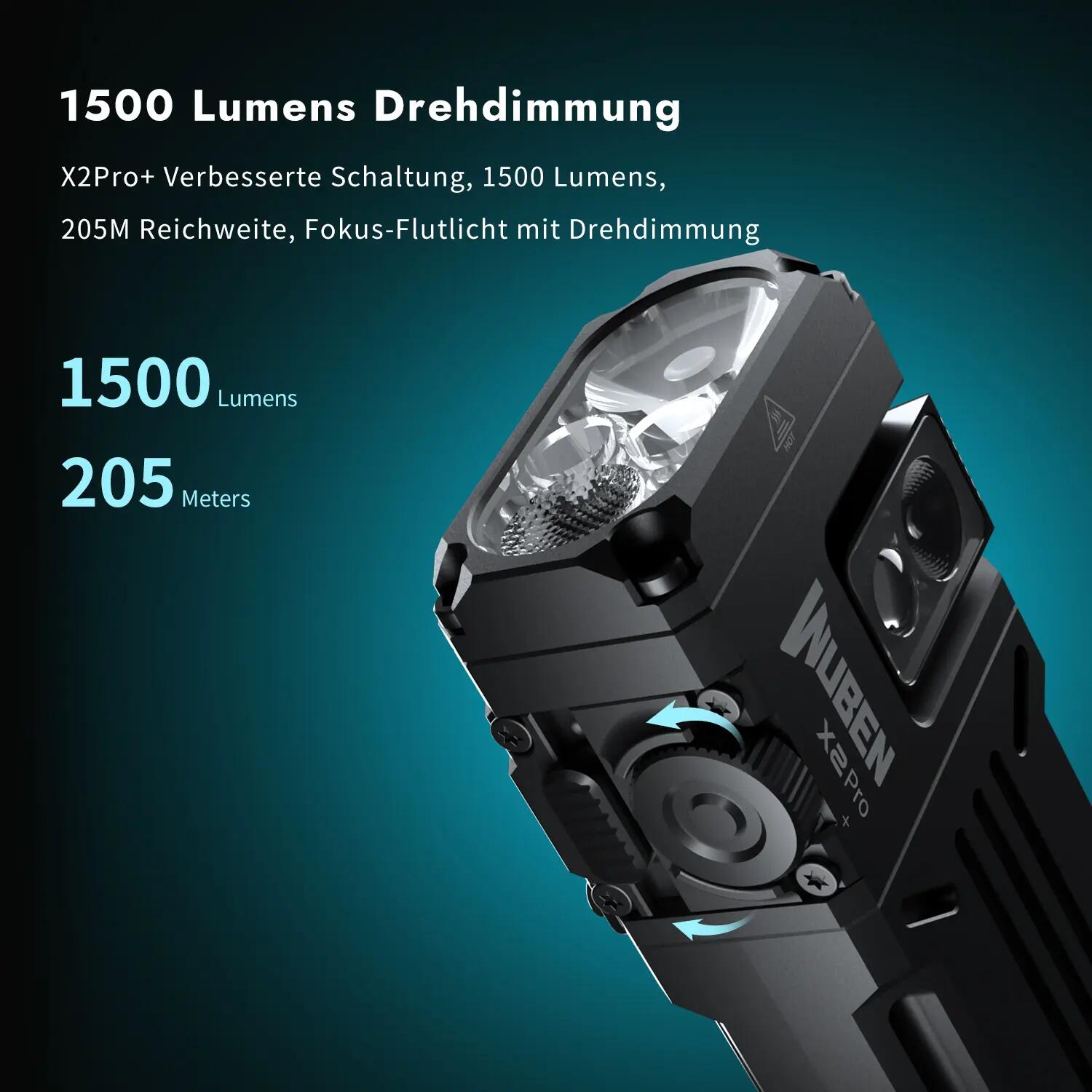 Wandern – Lampe mit Weiß- und Rotlicht, 1500 lm, Schwarz – WUBEN X2 Pro+ 7/15