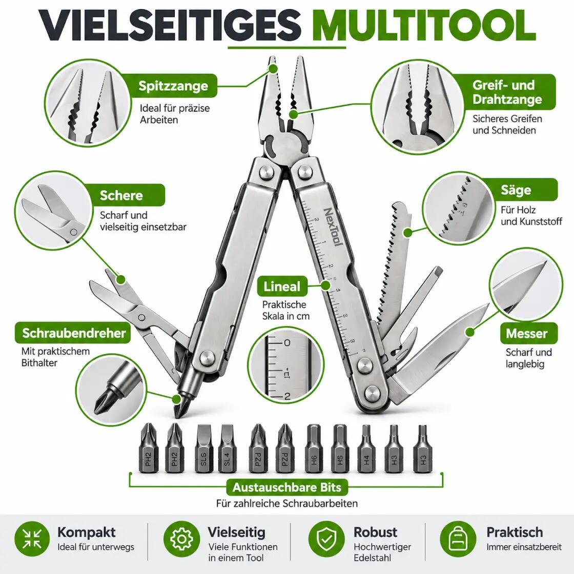 Multitool Survival Camping Outdoor Werkzeug Tool 12 Bits 3/5