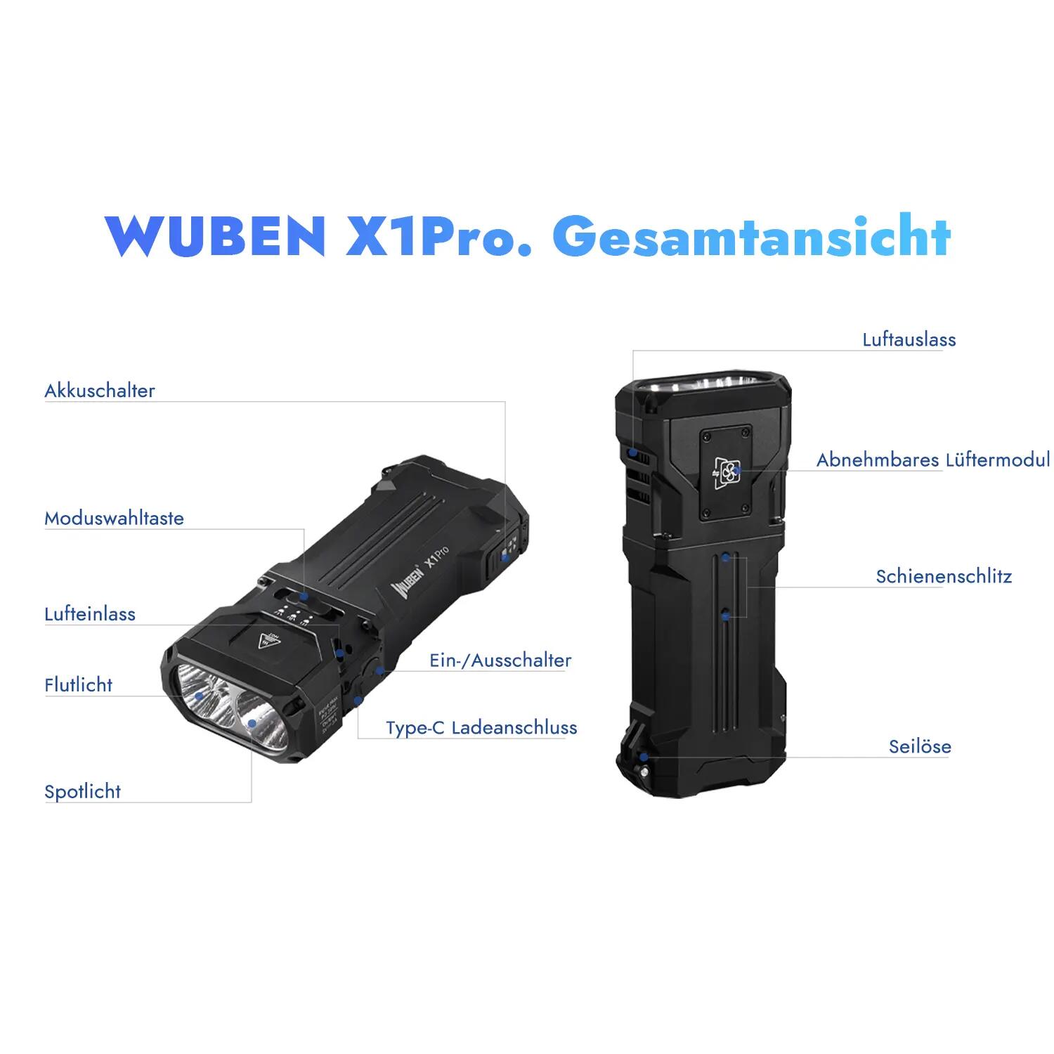 Wandern – Taschenlampe mit Spot- und Flutlicht, 12300 lm, Weiß – WUBEN X1 Pro 14/15