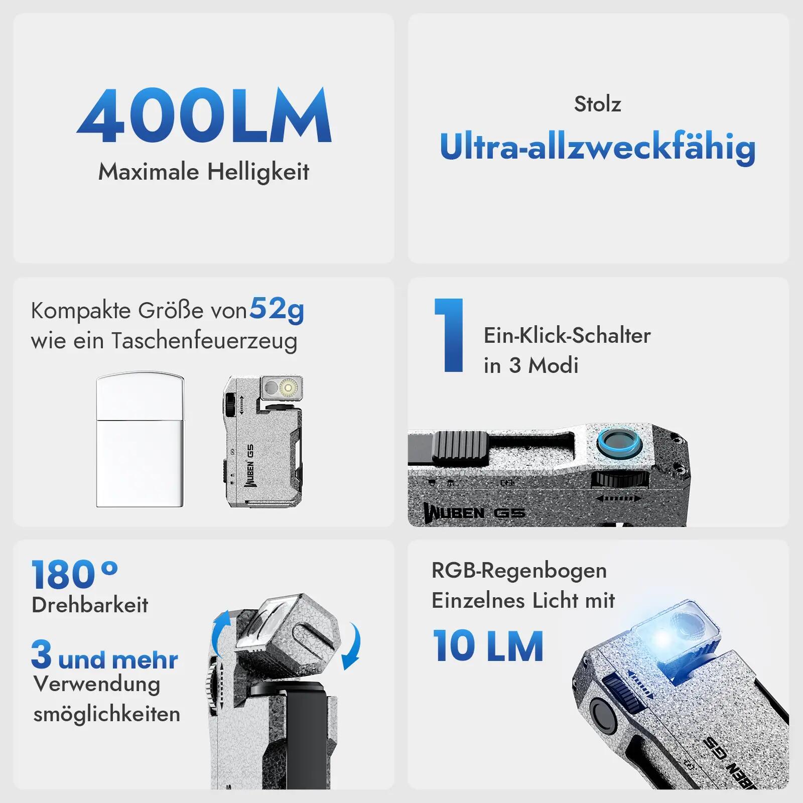 Wandern – Taschenlampe RGB, USB-C, 400 lm – WUBEN G5 7/13