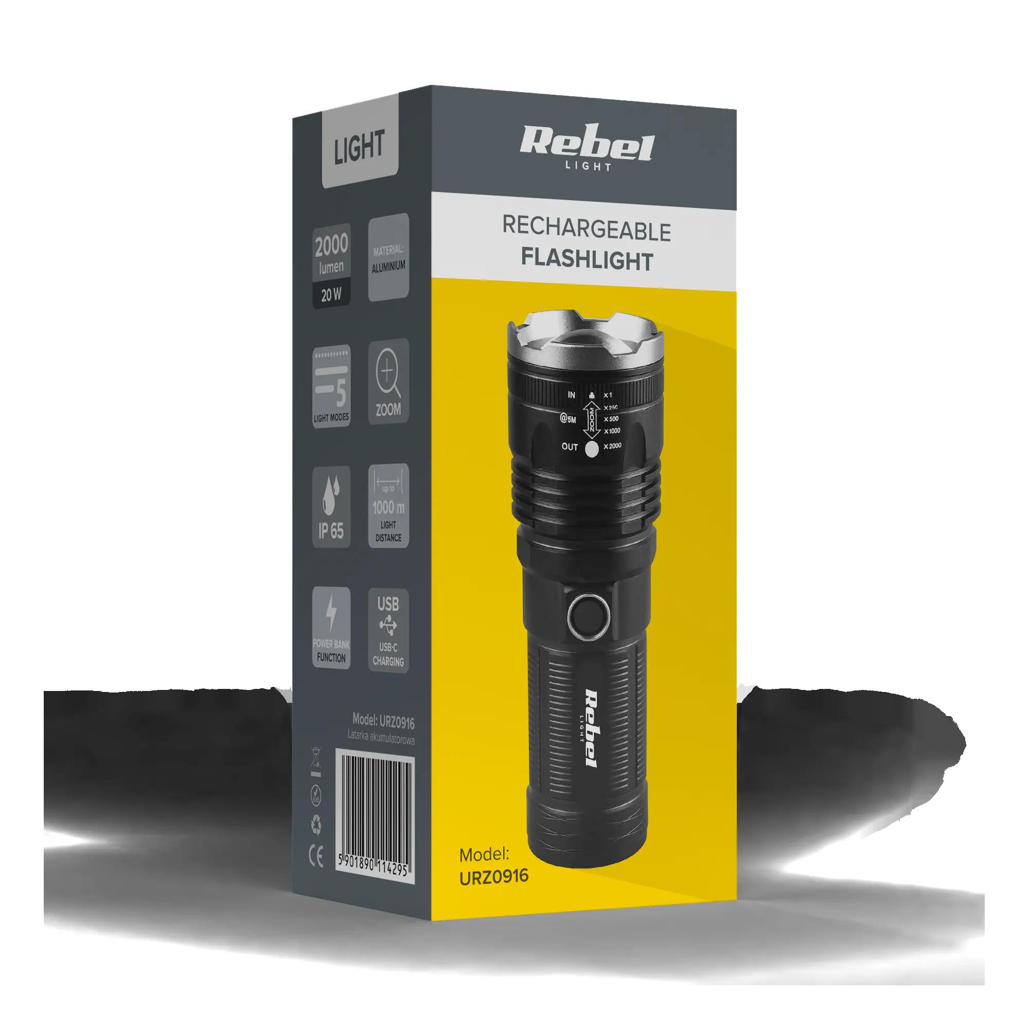 Latarka aluminiowa akumulatorowa LED 20 W Rebel IP65 ZOOM 2000 lm USB-C 5/7