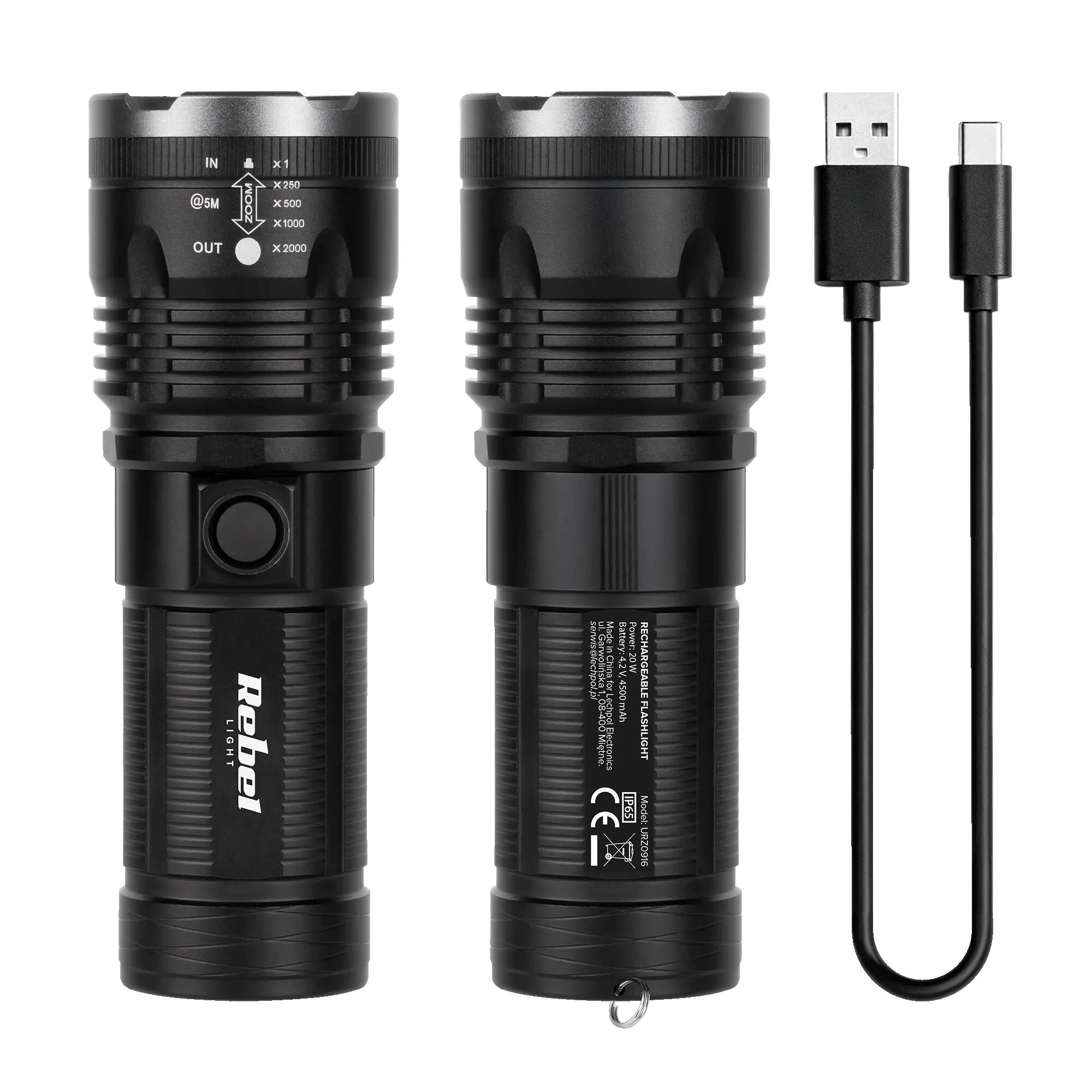 Latarka aluminiowa akumulatorowa LED 20 W Rebel IP65 ZOOM 2000 lm USB-C 4/7