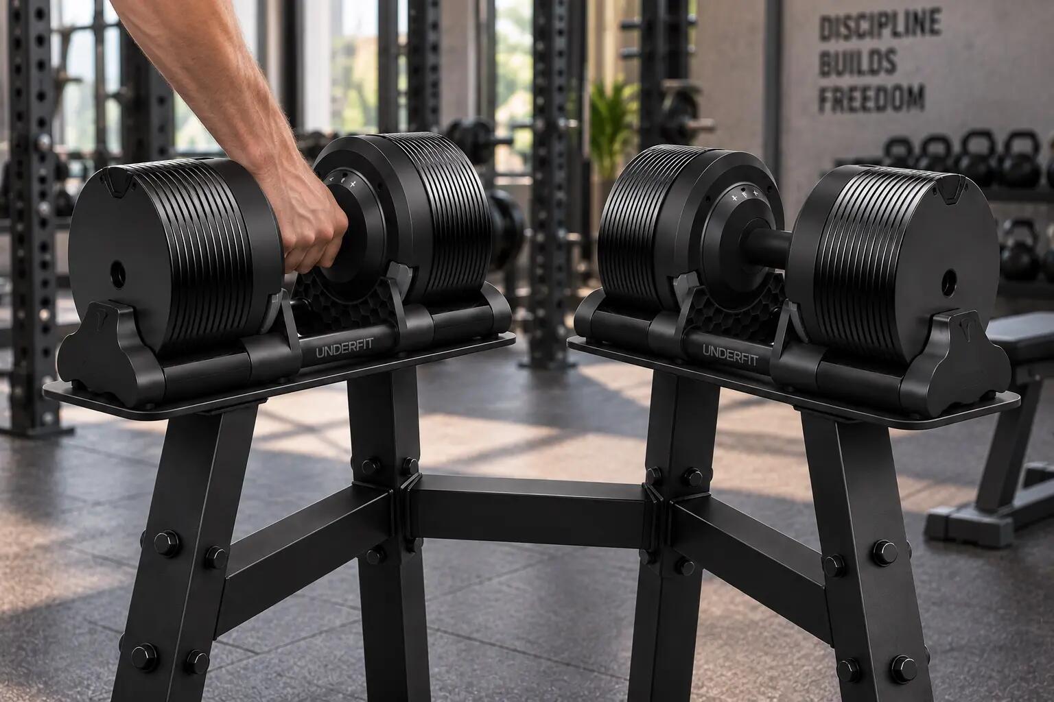Zestaw hantli regulowanych 2x40 kg ze stojakiem regulacja 1 kg UNDERFIT 6/12