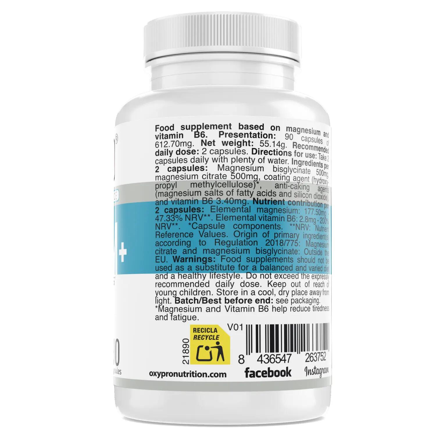 OXYPRO Magnesio Plus. 90 caps - (Bisglicinato + Citrato) con Vitamina B6 3/3