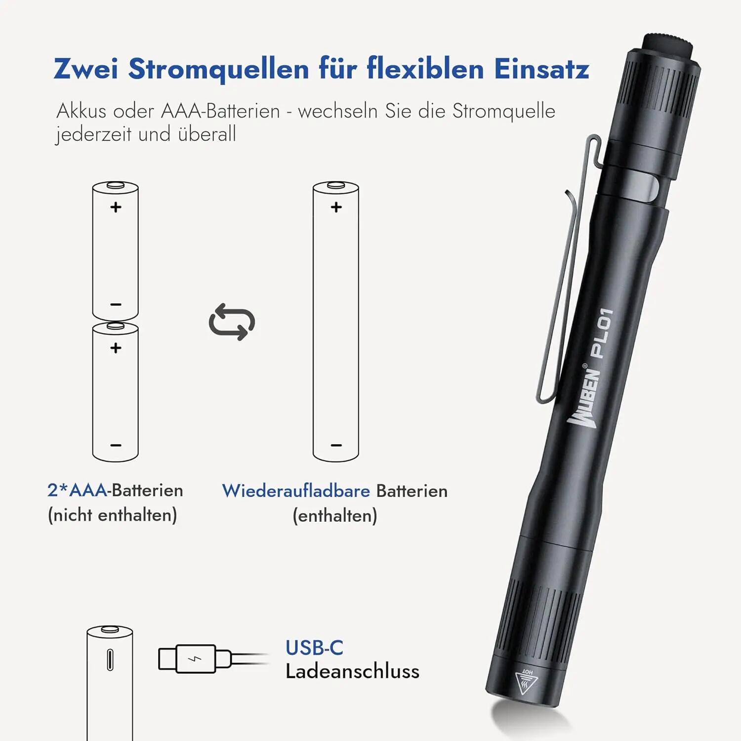 Wandern – Wiederaufladbare Stiftlampe, CRI > 90, Schwarz – WUBEN PL01 9/14