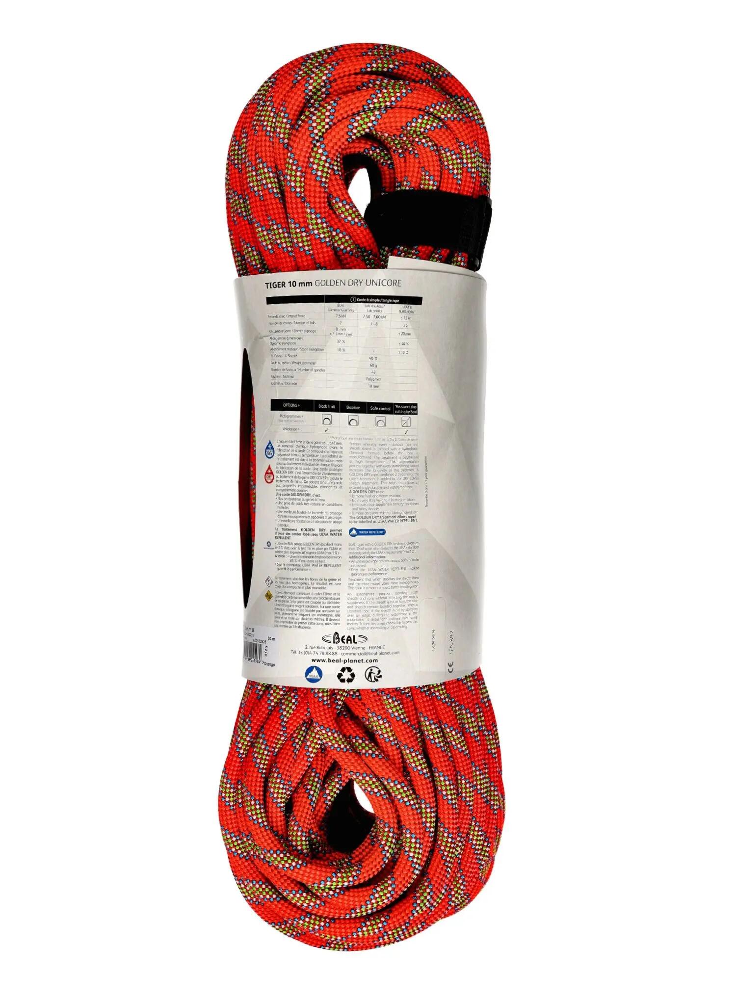 Lina wspinaczkowa Beal 10 mm UNICORE GOLDEN DRY 60 m jaskrawy pomarańcz 3/4