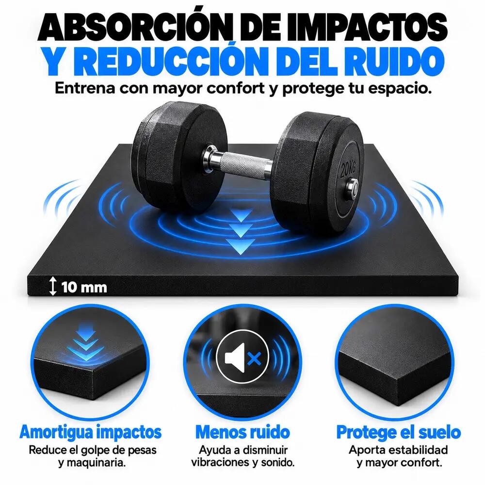 Losetas de Caucho para Gimnasio Pack 4 uds 1 x 1 m x 10 mm Negro 2/10