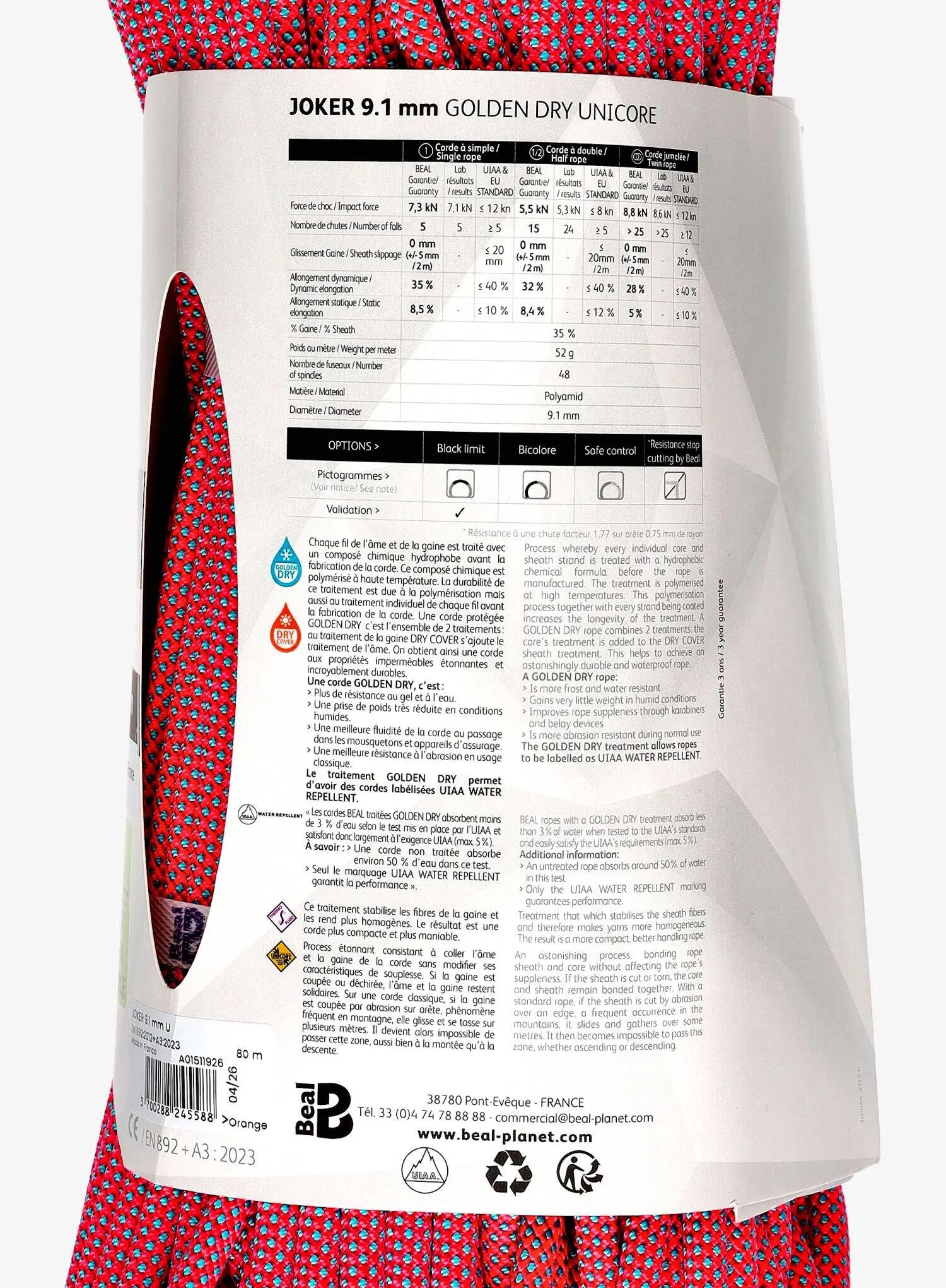 Corda wspinaczkowa Beal Joker 9,1 mm Unicore Golden Dry 80 m 3/5