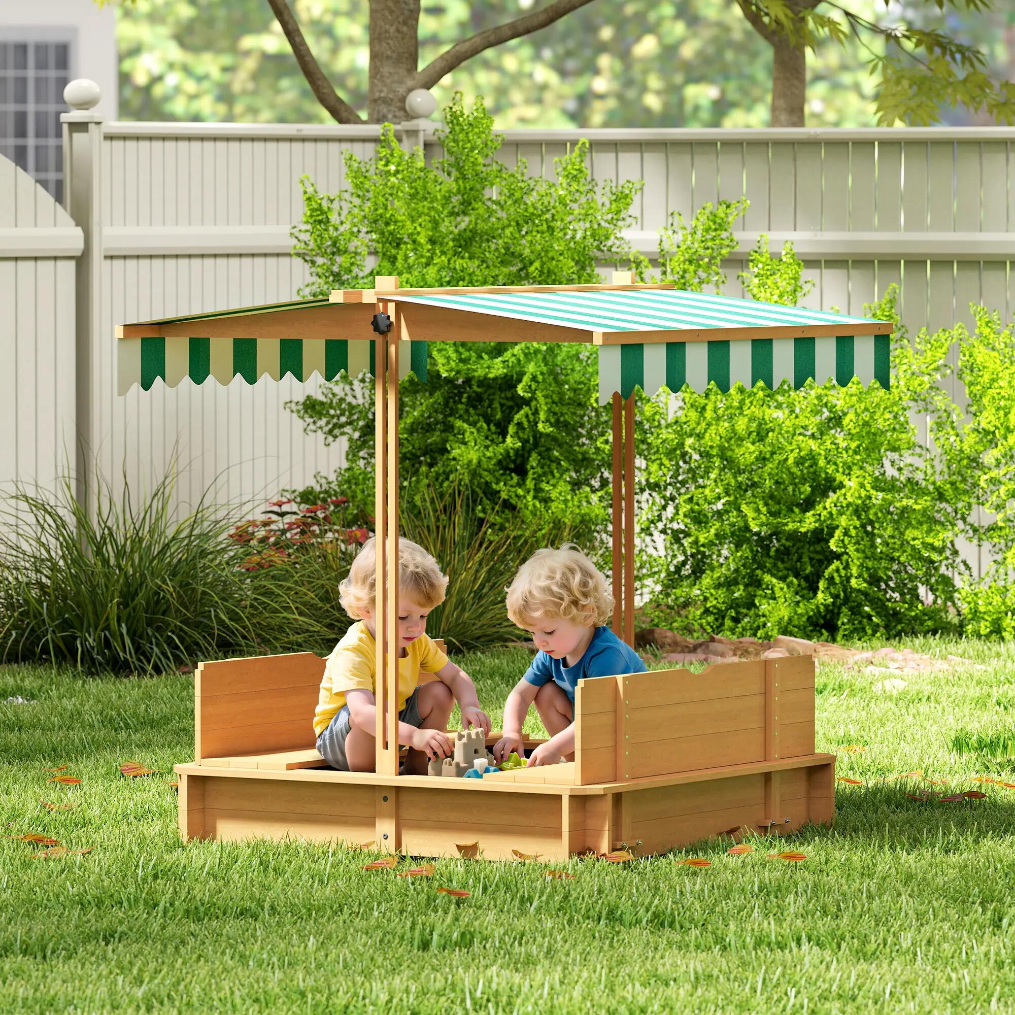 Caixa de areia para crianças natural, verde e branco Outsunny 2/7
