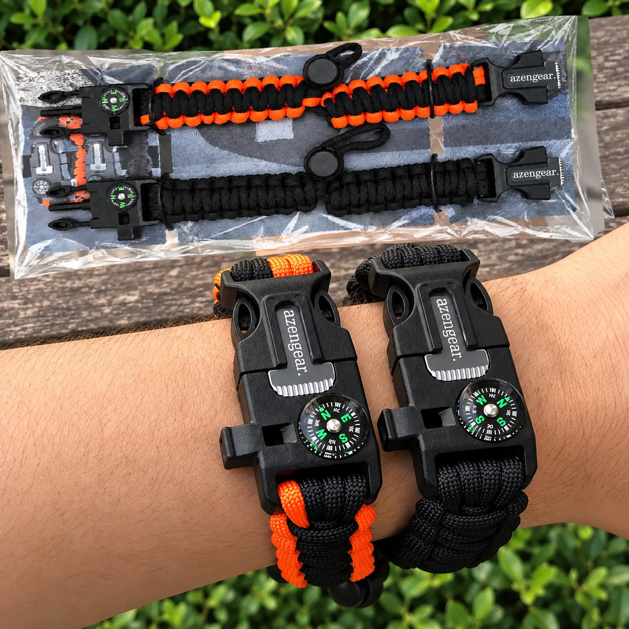 Paracord Survival Bracelet (Pair) 5 in 1 Kit: Fire Starter, Whistle, Compass 12/14