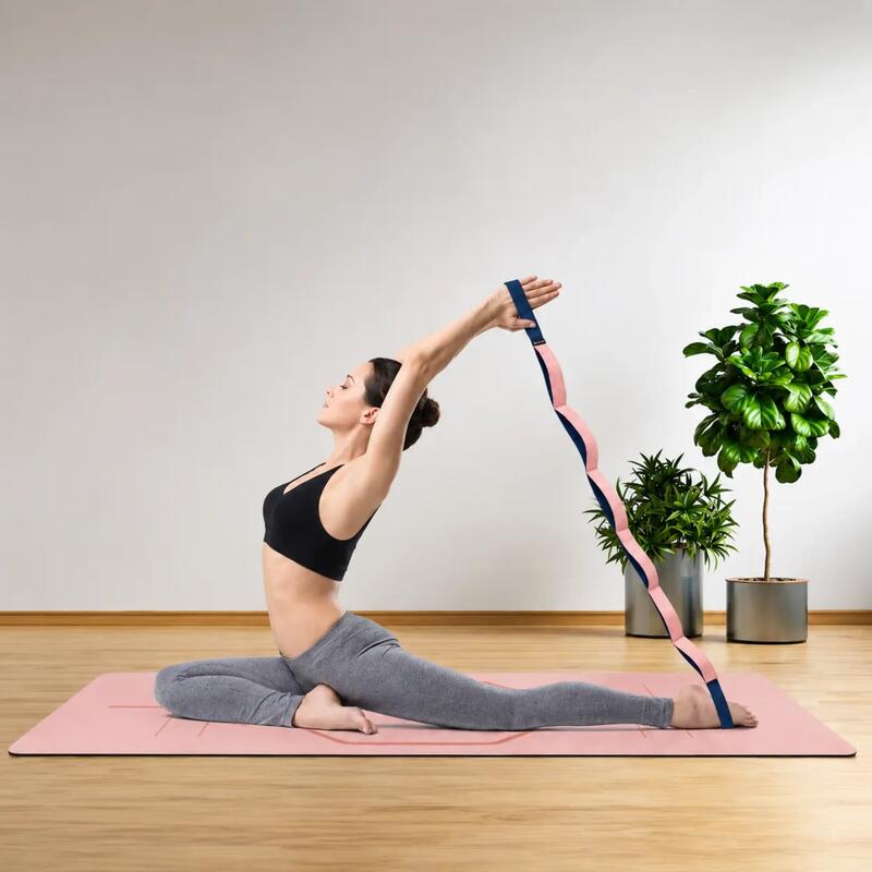 Sekiz Kademeli Yoga Germe Esneme Kayışı Çift Renkli - Pudra Pembe / Siyah