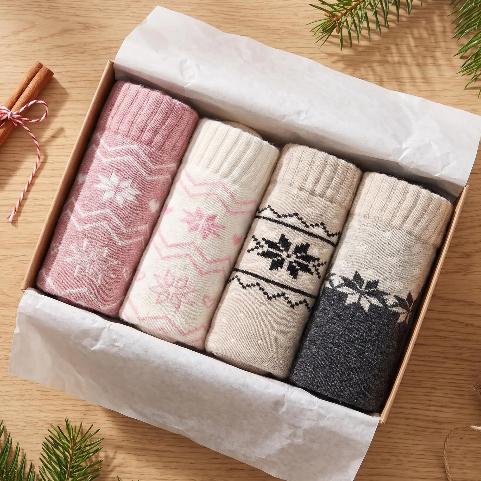 Damen Wintersocken mit 40 % Wolle 4 Paar warme Freizeitsocken Norwegermuster 6/7