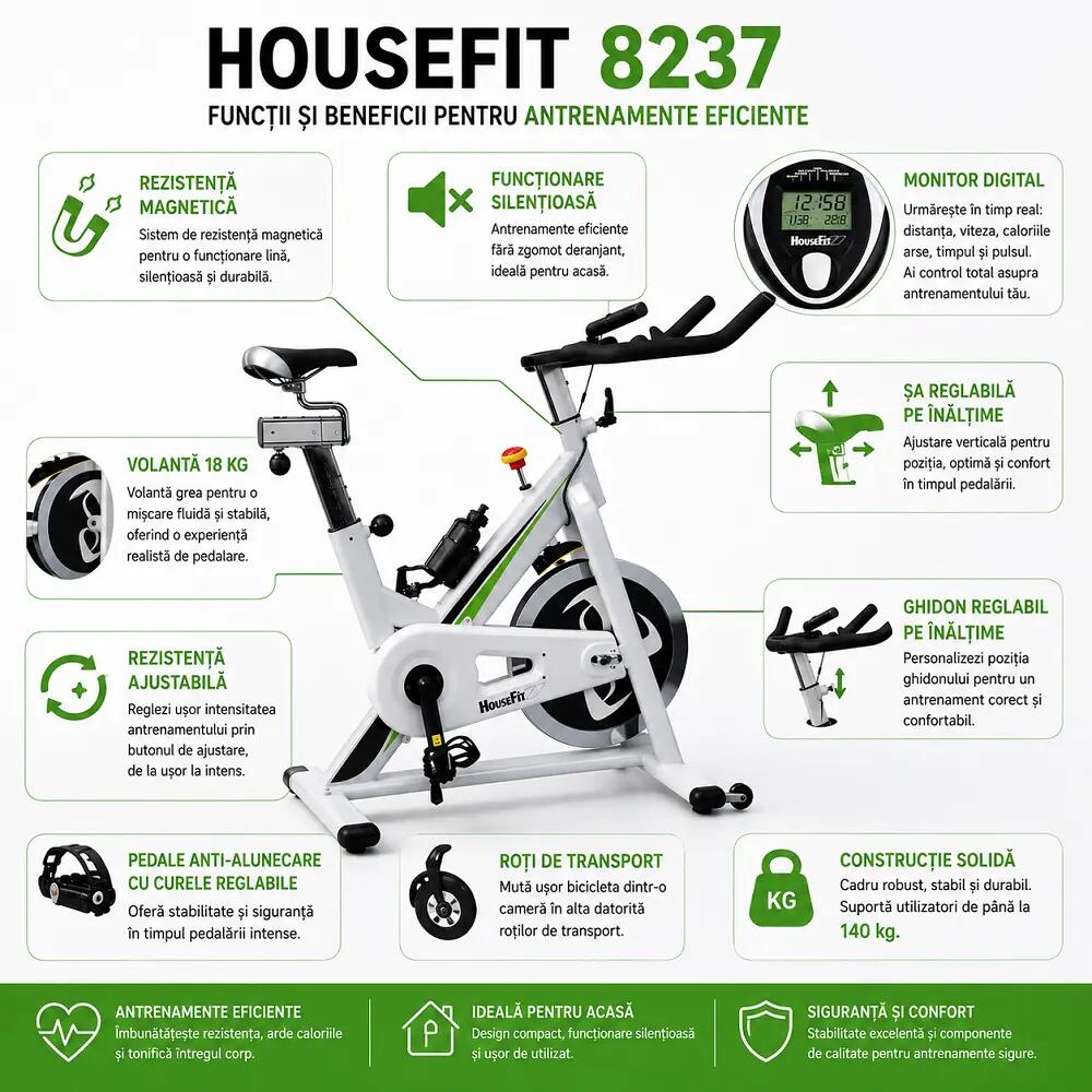 Bicicleta semiprofesionala 8237C, volanta 18 kg, greutate utiolizator 140 kg 6/6