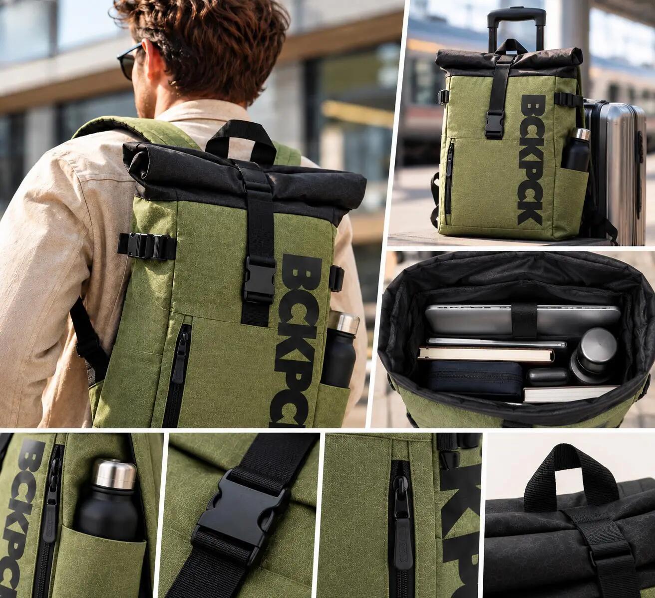 Plecak NORLÄNDER BCKPCK Rolltop 36L na Laptop 15,6” Wodoodporny Zielony/Czarny 6/7