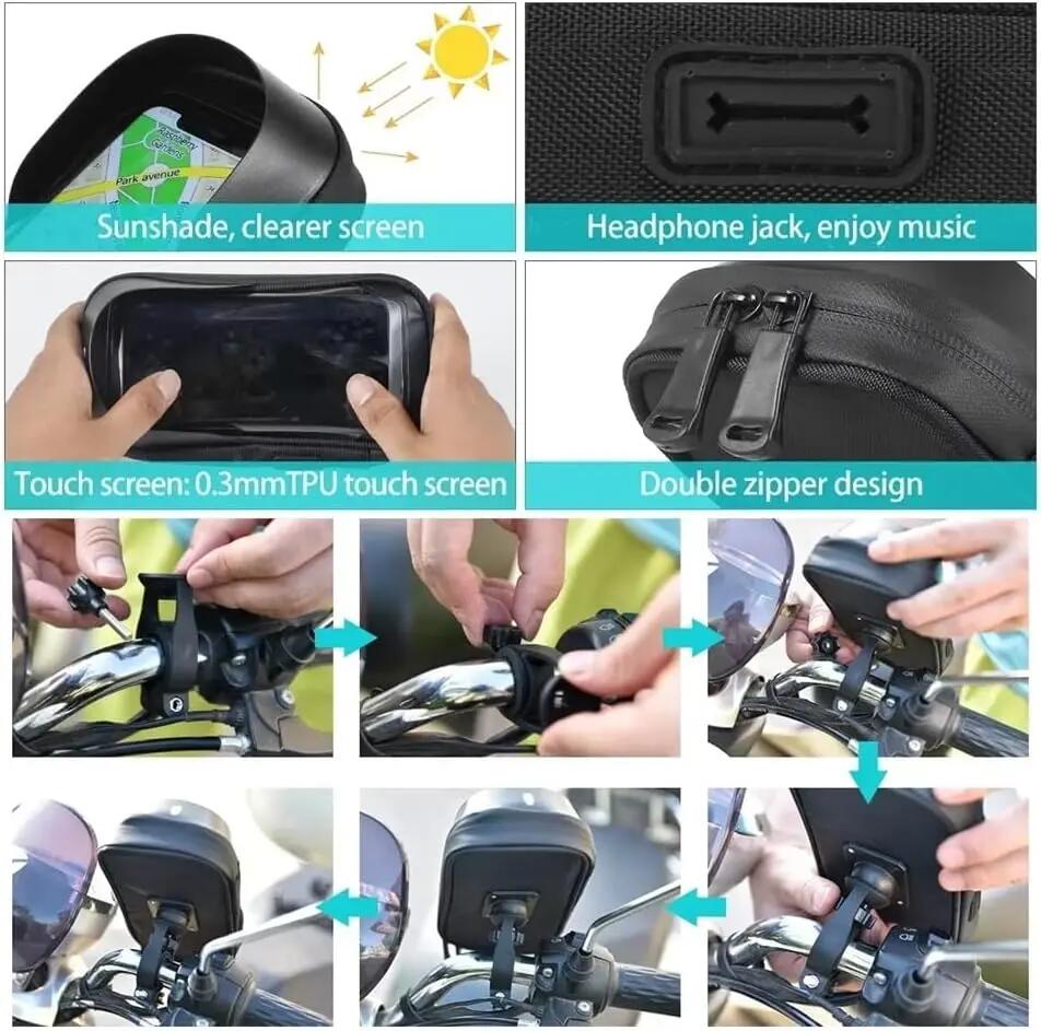 Support de téléphone pour vélo, étanche, avec pochette zippée rotative à 360° po 7/7