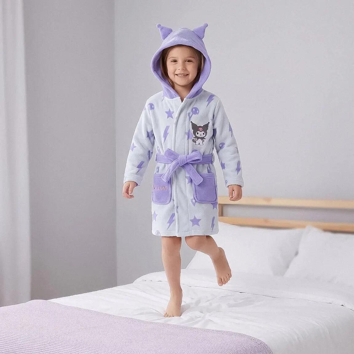 Kinderbadjas Hello Kitty Kuromi coral fleece met capuchon lichtblauw 7/7
