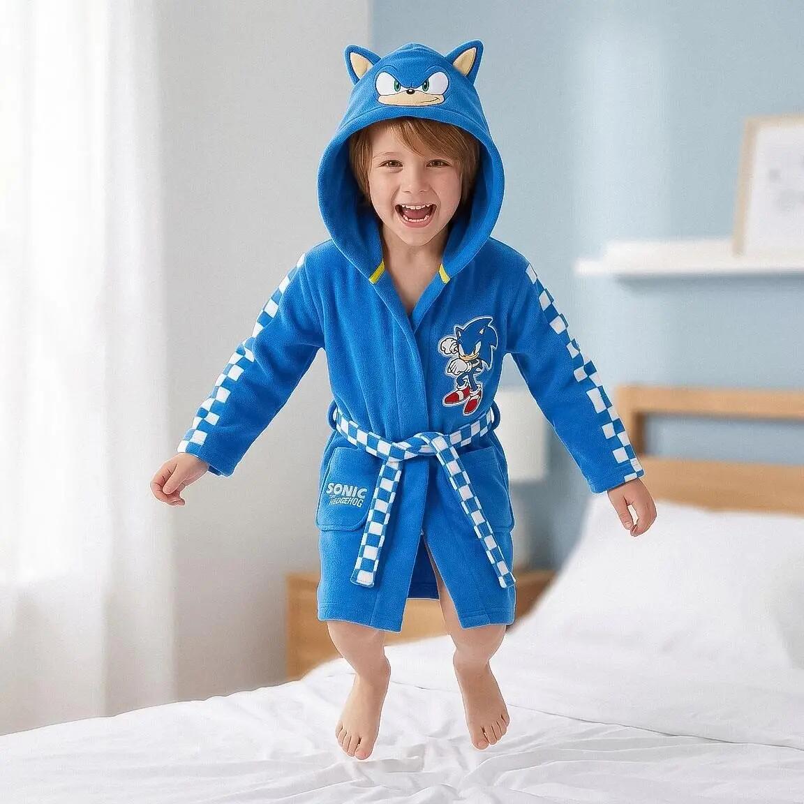 Kinderbadjas coral fleece met capuchon en ceintuur blauw Sonic 7/7