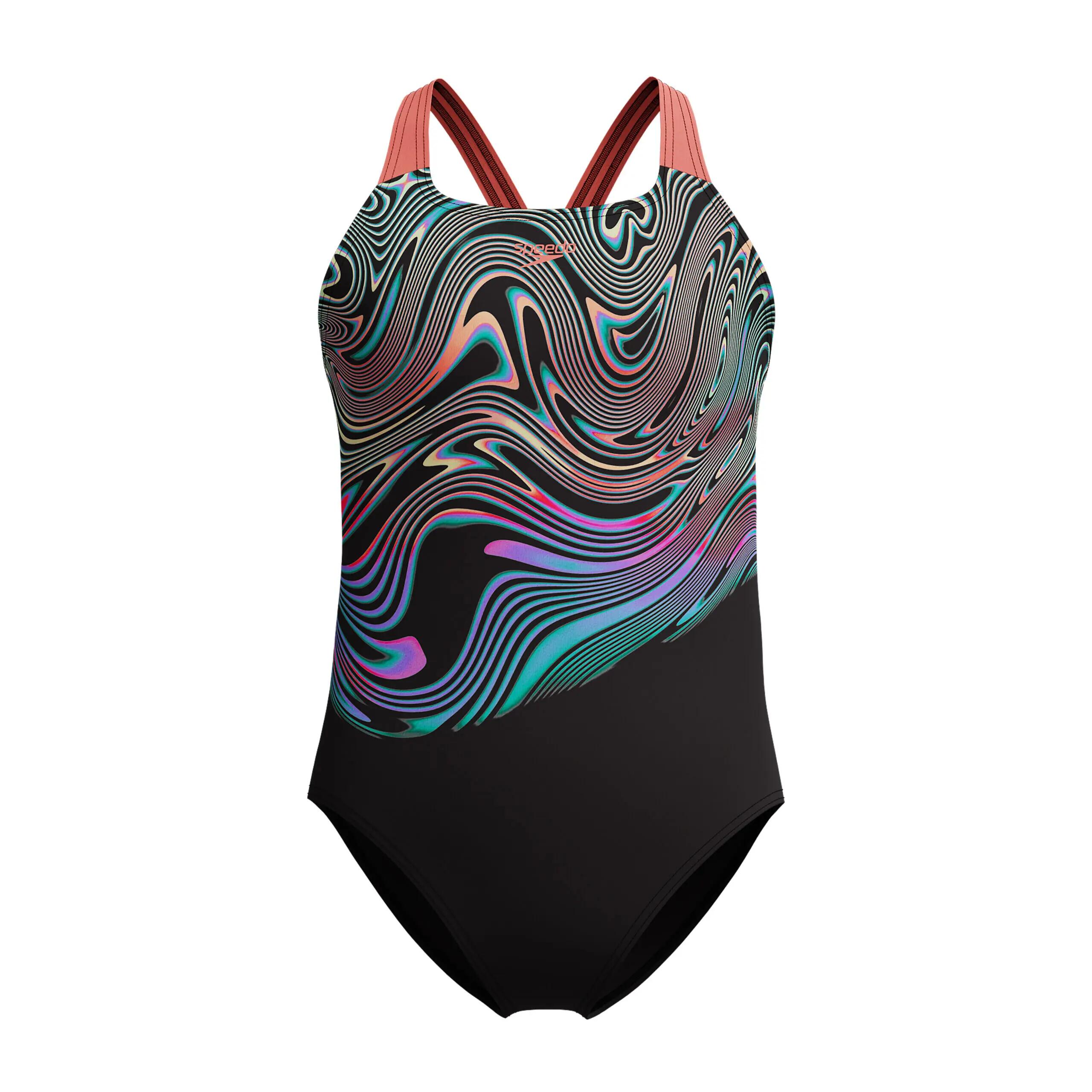 Maillot de bain fille Speedo Eco Endurance+ Print Placement Powerback Noir/Rouge 3/4