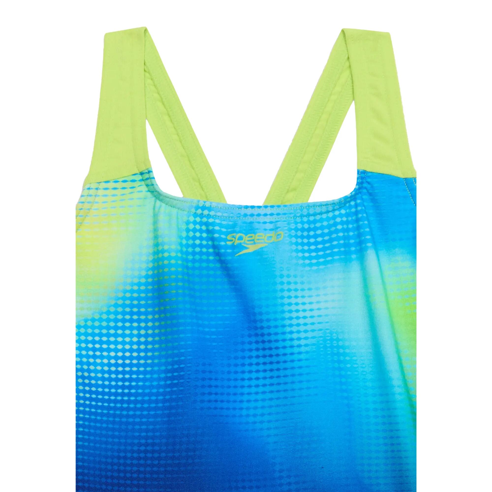 Girls Printed Powerback One Piece Swimsuit (Blue/Green) 3/6