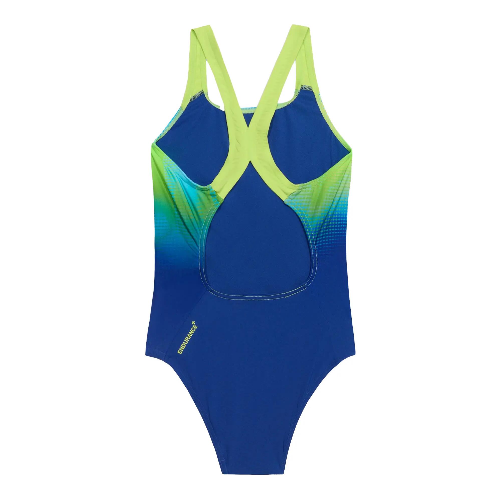 Girls Printed Powerback One Piece Swimsuit (Blue/Green) 2/6