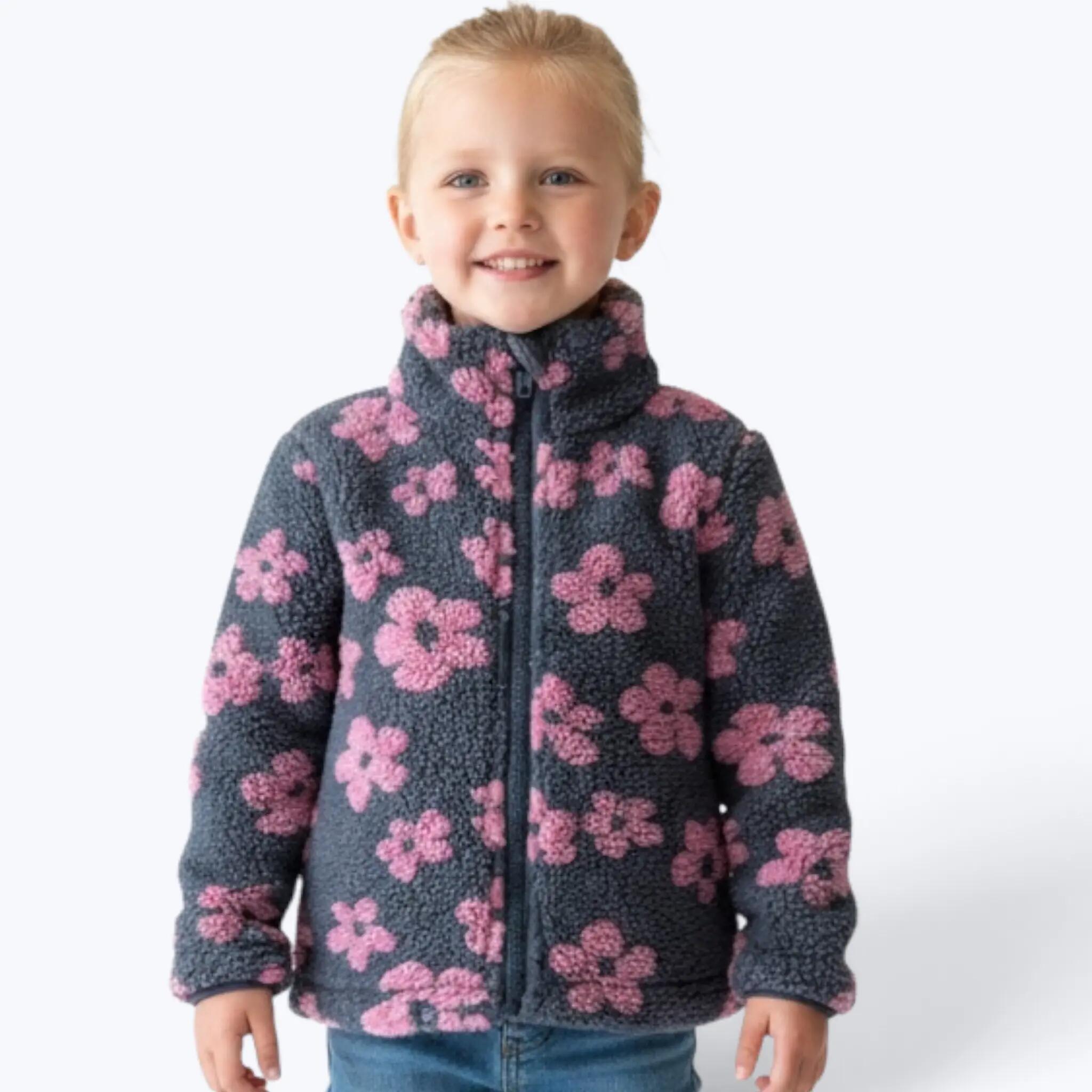 Kinder-Fleecejacke mit rosa Blumen 3/4